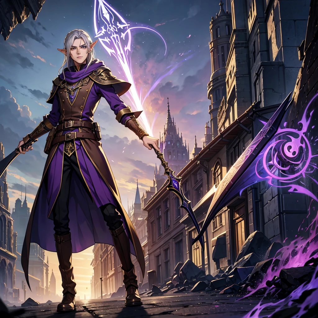 tall, high elf, purple eyes, 1male, wizard clothes, solo, artificer, steampunk, battle scythe