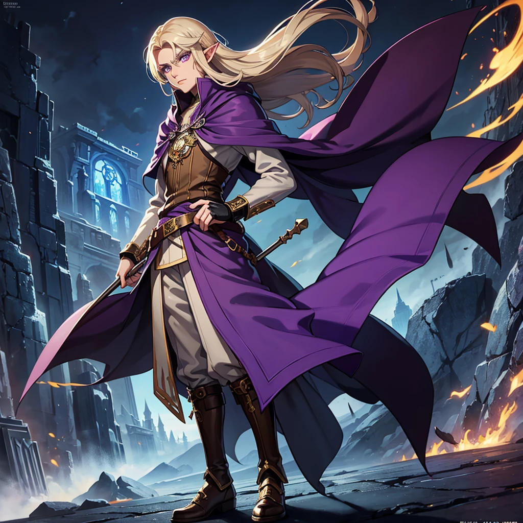 tall, high elf, purple eyes, 1male, wizard clothes, solo, artificer, steampunk, battle scythe