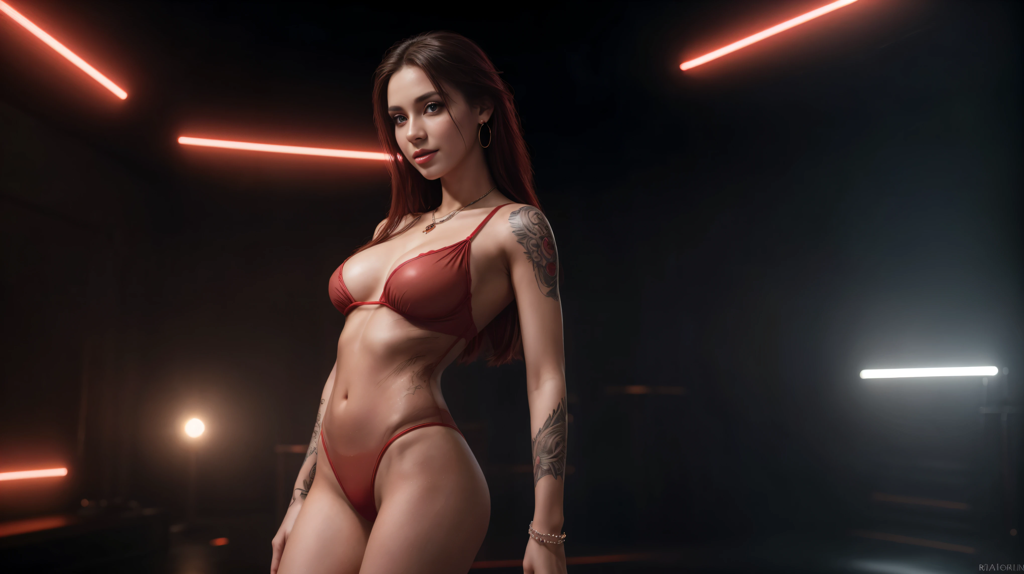 8k, masterpiece, RAW photo, best quality, photorealistic, extremely detailed CG unity 8k wallpaper, Depth of field, Cinematic Light, Lens Flare, Ray tracing, (extremely beautiful face, beautiful lips, beautiful eyes), intricate detail face, ((ultra detailed skin)), ((1girl:1.6)), ((alone:1.7)), ((seductive pose)), at night inside a dance-music studio, deep shadow, [[Raiana-Elizabeth-Dilla]], pretty girl, (very slim slender fit-muscled body:1.3), ((beautiful legs:1.4)), ((looking at viewer)),(big smile:1), (sexy ((see-through)) ((ultra-short ((red:1.2)) rave-style uniform))), ((fanfare scenery,nightlife,musiclife)), (neon lights,dance music), (blurred background:1.4), ((without people in the background:1.5)), beautiful earrings, bracelets, necklace, red pendant, clear eyes, ((tattoos)), (pale skin), (face forward), ((whole-body-view)), ((full-body:1.8, cinematic shot)), soft lighting, (long black hairs), (looking at viewer:1.8), cleavage breasts, large breasts, touching the breast, highly detailed, ultra realistic, extremely detailed and realistic ((red:1.2)) clothes.