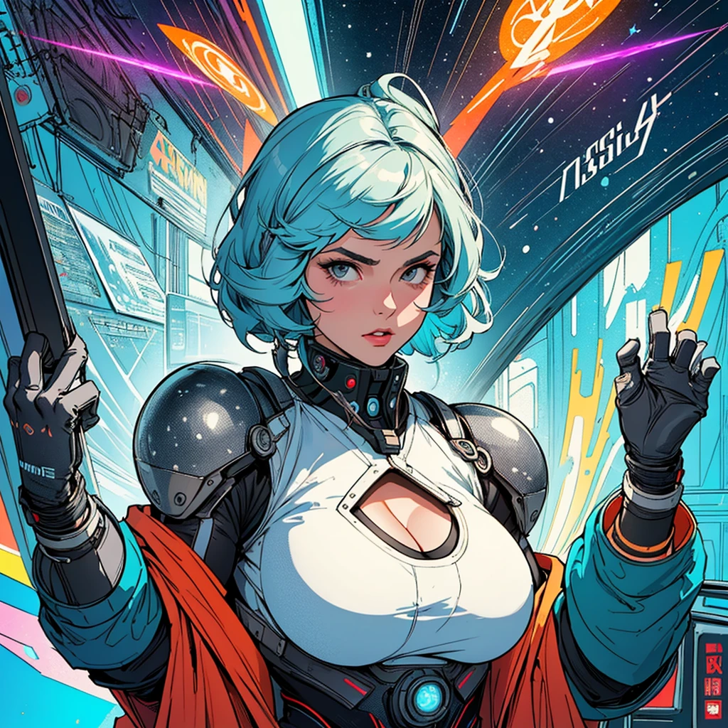 (((highest quality))),masterpiece,1 woman,((the perfect person)),((Super beautiful woman)),detailed perfect face,retro,vintage,classic,60's,70's,80&#39;s,old movie posters,abstract,((スペーススリラーmovie poster)),(Futuristic),Geometric pattern,very delicate,movie poster_white frame,universe,Milky Way,planet,,propaganda,universe飛行士,breast enhancement,simple,(big breasts),(cleavage),cyber punk,massive stream of light,overlay,SF,A scene from a science fiction movie,universeステーション,tattoo,American comic book style,perfect fingers,perfect physical beauty,perfect body,anime,highlight,stylish,