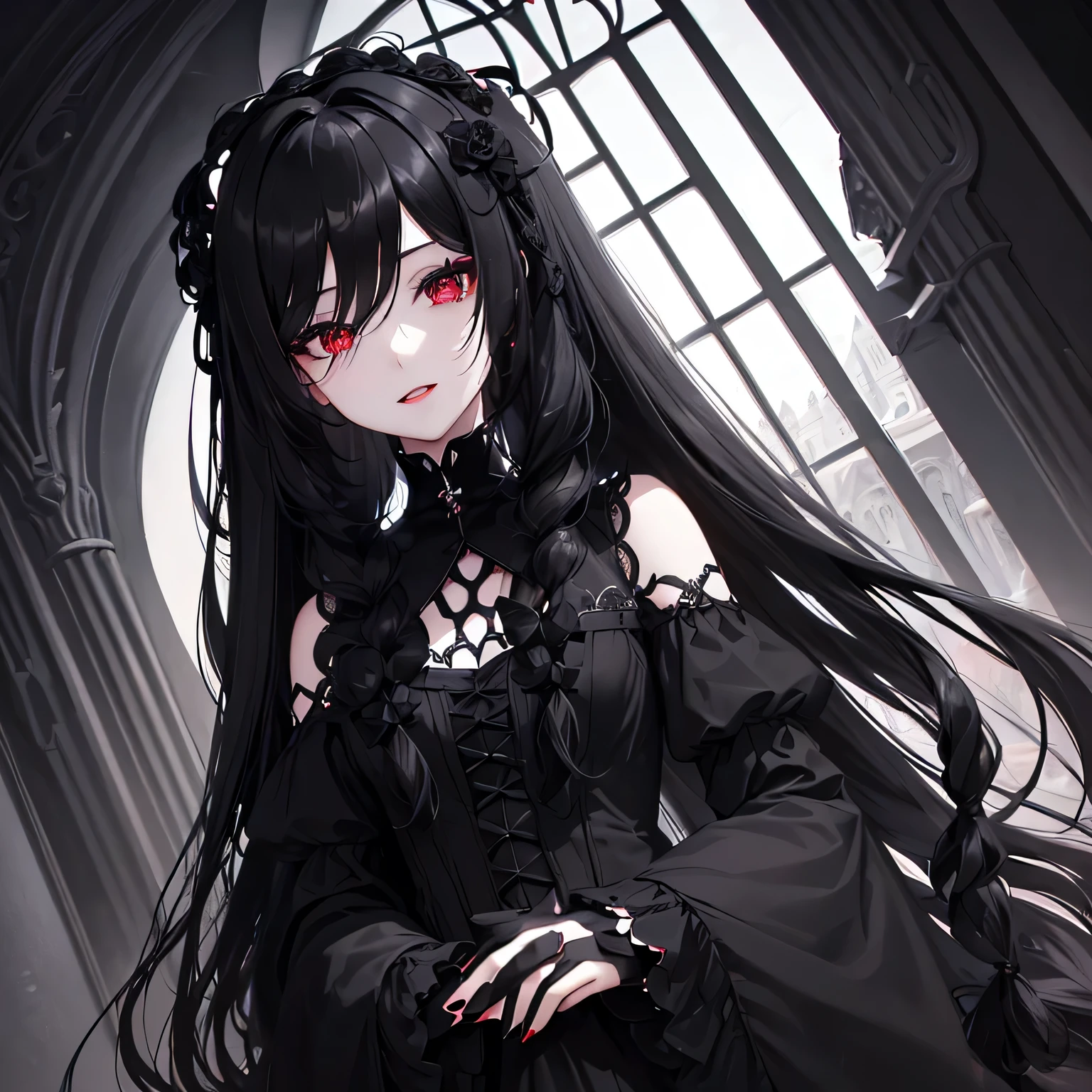 1 girl,Depp's Sense,confused,catch light,Super beautiful illustration,(black color,long hairstyles:1.6),dark dark eyeshadow,bright red lipstick,Gothic ta,Upper body,;d,beautiful and delicate flowing hair,delicate and detailed red eyes,museum