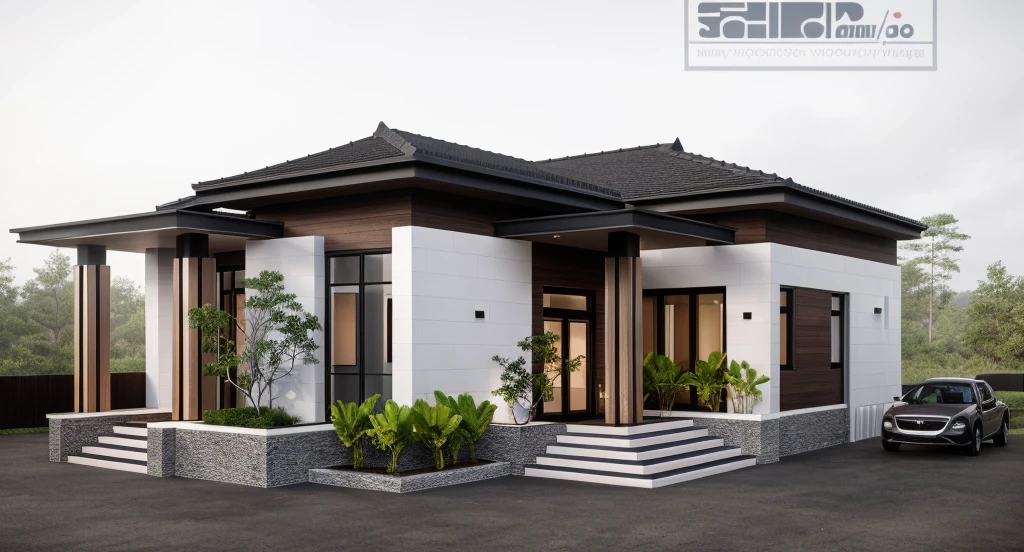 1 main wood door, slope roof, many glass door, concrete, wood wall,white, modern villa, palm, plant, beautiful sky, wood facade, architecture, beautiful, masterpiece, best quality, super detailed, realistic, photorealistic, 8k, sharp focus, droste effect photography, macro photography