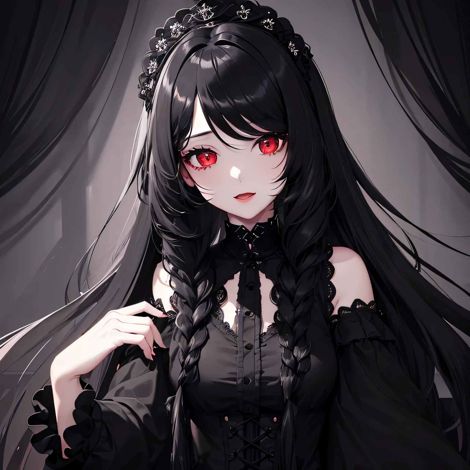 1 girl,Depp's Sense,confused,catch light,Super beautiful illustration,(black color,long hairstyles:1.6),dark dark eyeshadow,bright red lipstick,Gothic Lolita,Upper body,;d,beautiful and delicate flowing hair,delicate and detailed red eyes,museum