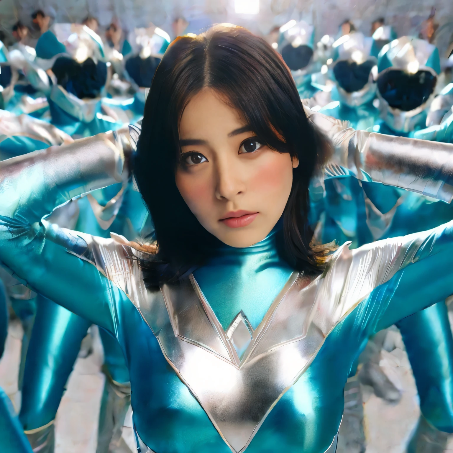 best image quality、Super high resolution、(realism:1.4)、Korean beauty star、The most beautiful KPOP star、face、Horny Korean makeup、erotic expression、A body that makes you want to touch it、Erotic photos、Super-class battle leather cloak with a smooth texture、Super Sentai Women's Heroine Suit、Super-class battleship shiny costumes、Texture of costumes that satin fetishists respond to、Thin, glossy stretch satin fabric、Realistic satin fabric texture、Costume made of stretch satin fabric that is smooth to the touch、The drape of the curved part of the satin fabric、Strong luster of costume、costume quality、8K photo quality、Costume made of high-quality satin fabric with high density、