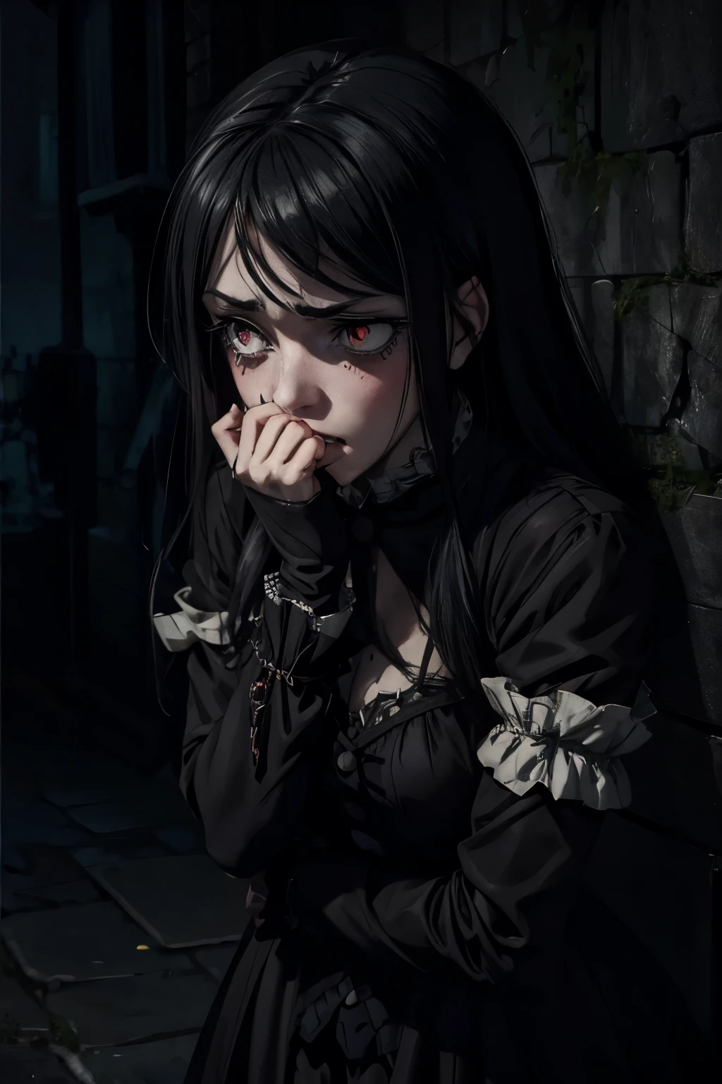 gothic,horror,girl,(((despair))),Covering mouth with hands,