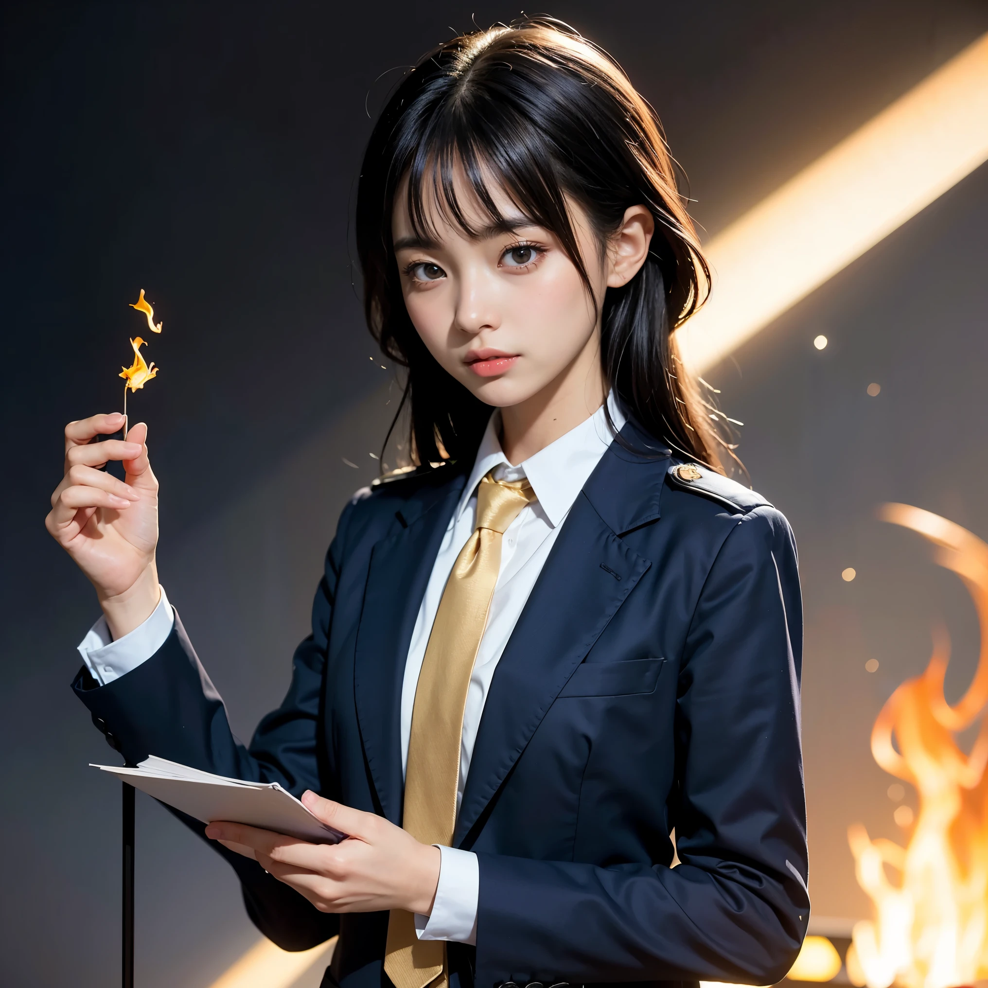 (table top, highest quality:1.2), 8K, official art, surprised expression、Put your hand to your mouth、wearing a suit、Gesture of removing tie、I can see your chest、Rough image of a girl in uniform holding a globe, official artワーク, portrait anime space cadet girl, together with the earth, space girl, Space High School, space girl, planet, trending on cgstation, 太陽系外planet, official art, mar planet, beautiful anime high school girl, sakimichan, planetの隣に浮かぶ, in galaxy japan、Five Fingers Photos&#39;body of, Full body Esbian、beauty of suit、Big Dipper in the background、star explosion、black hairedの美しい裸足の女性, hold a flame in your right hand、tie a tie with your right hand、face up、look down、cool look、明るい溶岩の光が小planet帯の下から壊れた地球の上に昇る(Jagged rocks and debris fly into the air:1.3) (wind blowing dust storm:1.1) Volume Formist with Trace Z、Allows bright light to pass through from below、 (masterpiece) (highest quality) (detailed) (8K) (movie lighting) (sharp focus) (Complex)black haired、14 years、、fun、laughter、incredibly ridiculous, (beautiful girl, cute face, turn back, gold ornaments in hair、wearing a suit、close, wearing a suit, short sleeve, gardenia, violaces, space , looking at the viewer, film grain, chromatic aberration, オッパイsharp focus, face light, dynamic lighting, cinematic lighting, detailedな目と顔, (gray tie、1 part:1.2)
