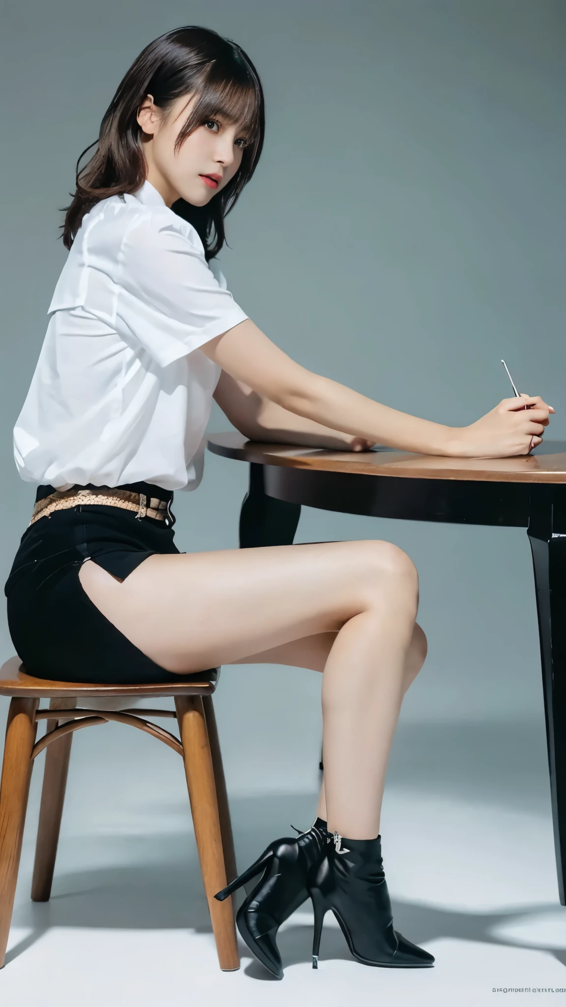 table top, highest quality, figure, super detailed, finely, High resolution, 8k wallpaper, 完璧なダイナミックな構figure, beautiful and fine eyes, woman's fashion fluffy winter clothes,Wearing sunglasses,medium hair,small breasts natural color lip, bold sexy pose、20 year old girl、cute、sexy shot looking at camera,RAW photo,anatomically correct body,blur the background,perfect and beautiful face,KPOP idol face,Slim face and body、Wearing a black miniskirt,Wearing black high heels,sitting in a chair,