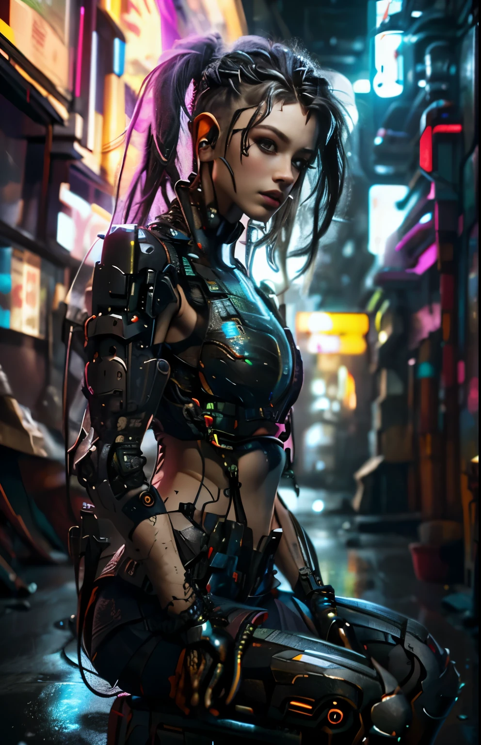 uma belissima mulher ciborgue cyberpunk, olhos azuis, calelo curto, corpo humano, mechanic legs, mechanical arms, em uma cidade furista, 8k ultra detalhado e realista