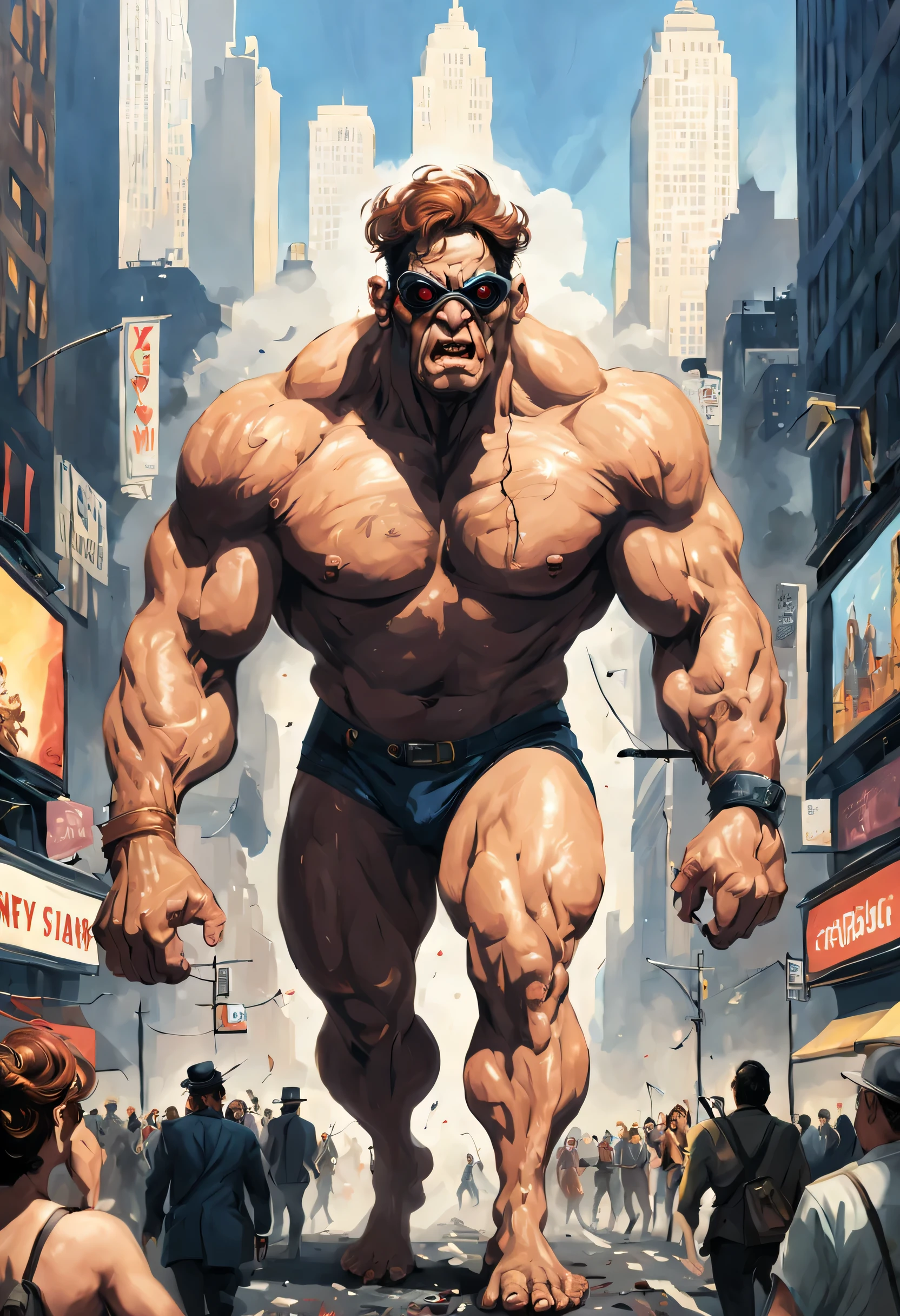 A giant cyclops, with a club, entering New York City, people running scared, cinematic, incredibly detailed, in the style of Boris Vallejo.