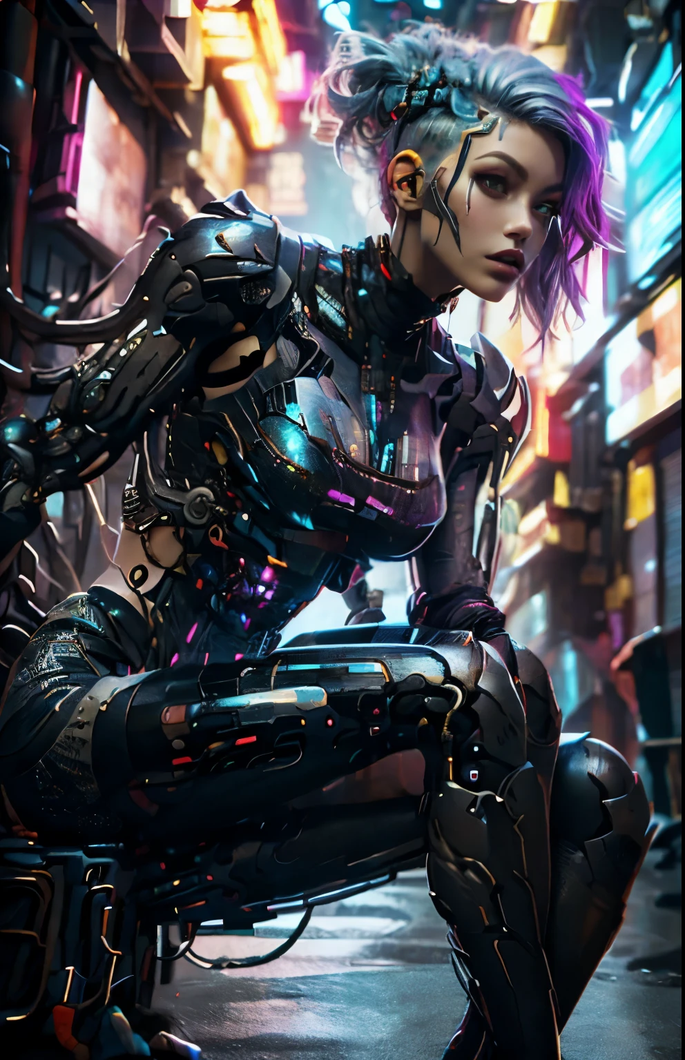 uma belissima mulher ciborgue cyberpunk, olhos azuis, calelo curto, corpo humano, mechanic legs, mechanical arms, em uma cidade furista, 8k ultra detalhado e realista