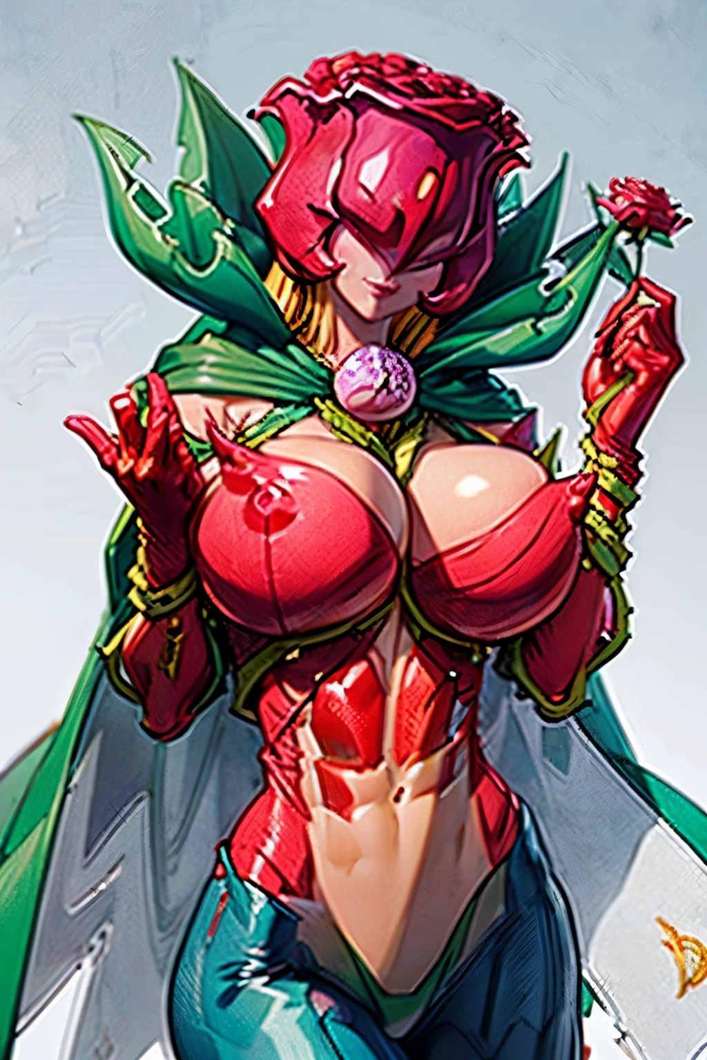 (Masterpiece:1.3), (dark lighting:1.2), ANIME_rosemon_yugiho_ownwaifu, digimon \(creature\), breasts, long hair, ((gigantic breasts:1.5)), lipstick, (erect nipples under clothes), navel, breasts pressed together, makeup, covered eyes, red pants, monster girl, helmet, plant girl, colored skin, thighhighs, cleavage, petals, elbow gloves, (((slendered abs:1.6))), ((navel cutout)), red flower, red gloves, bodysuit, mask, thorns, cape, gloves, vines, rose, flower, plant, 1girl, solo, facing viewer, looking at viewer, upper body, smile