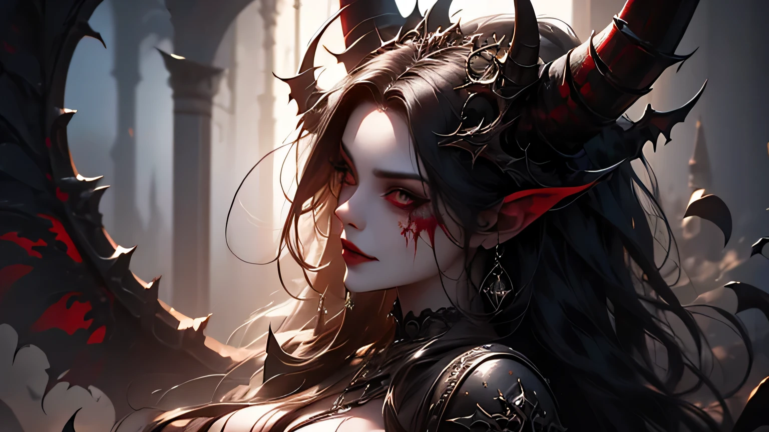 a close up of a woman with horns and blood on her face, dark fantasy style art, beautiful elegant demon queen, gothic fantasy art, beautiful vampire queen, dark fantasy art, 4k fantasy art, epic fantasy art style hd, beautiful vampire female queen, epic fantasy art style, diablo 4 lilith, dark fantasy artwork, fantasy art style, white horns queen demon