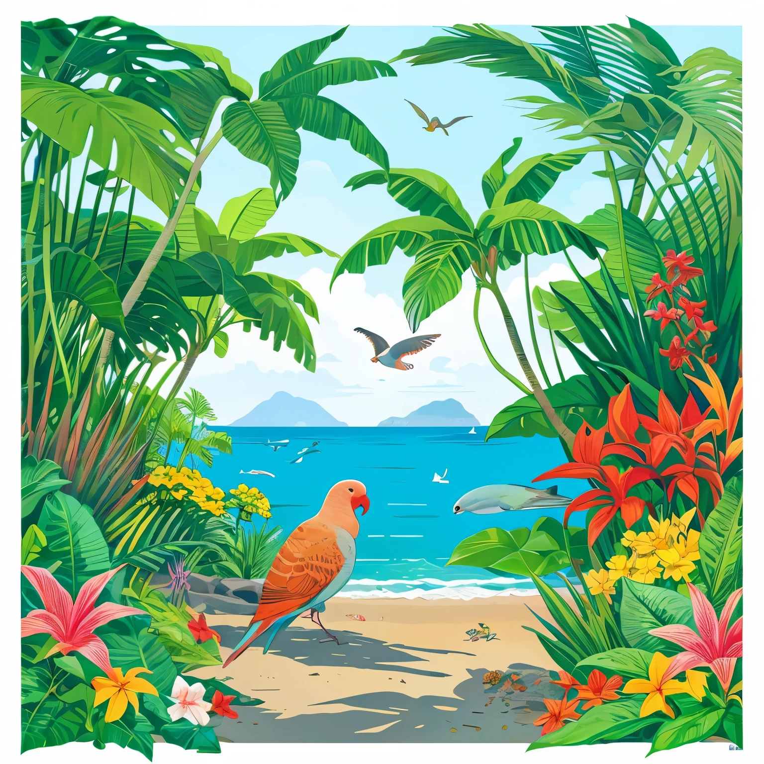 Hawaiian garden near by sea, full with many tropical flowers, with some parakeets, outline only, illustration