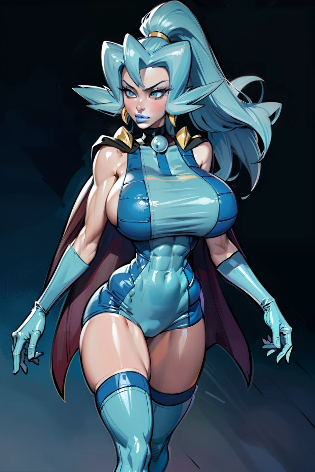 (navel cutout), navel exposed, Generate an illustration of a mature Clair, gym leader of pokemon,  ponytail, holding a poke all,  de terno preto, (blue lipstick:1.3), long hair, hair flows straight down, darkblue hair, (gigantic breasts:1.4), blue outfit in anime format with a serious style, (black cape), blue tights, blue boots, gothic make up, masterpiece, ((dark lighting)), black background, puffy lips,((slendered abs)), beautiful face,