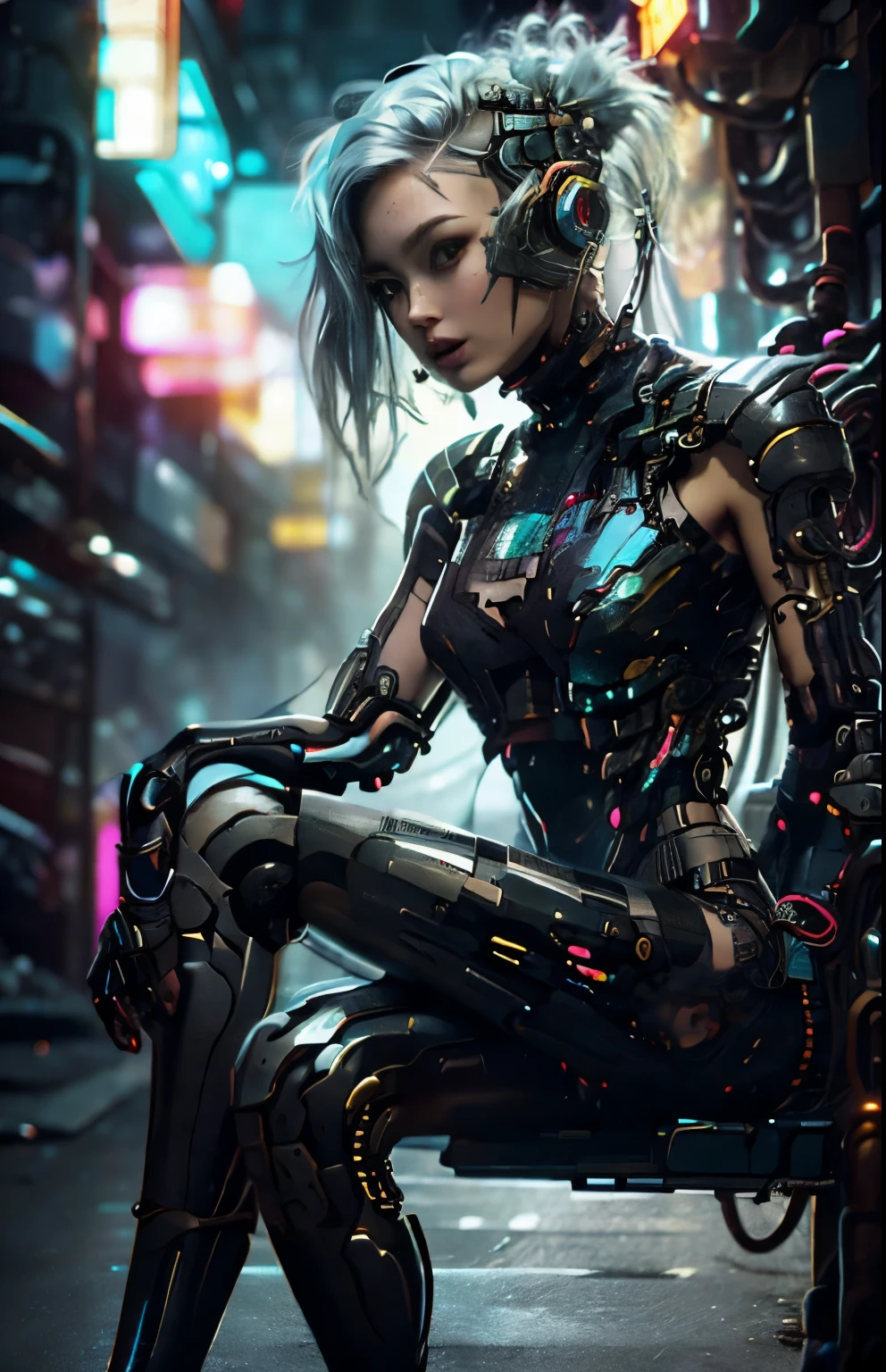 uma belissima mulher ciborgue cyberpunk, olhos azuis, calelo curto, corpo humano, mechanic legs, mechanical arms, em uma cidade furista, 8k ultra detalhado e realista