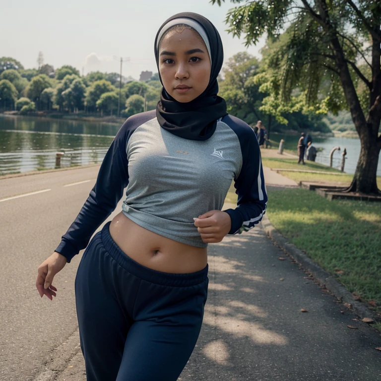 photograph of Malay hijab plump girl, smallest breast, wearing sport shirt, and tight boxer pants, jogging in morning, sweaty face and shirt, near lake, stock photography style, eyes looking at camera, intricate, photorealistic, 8k