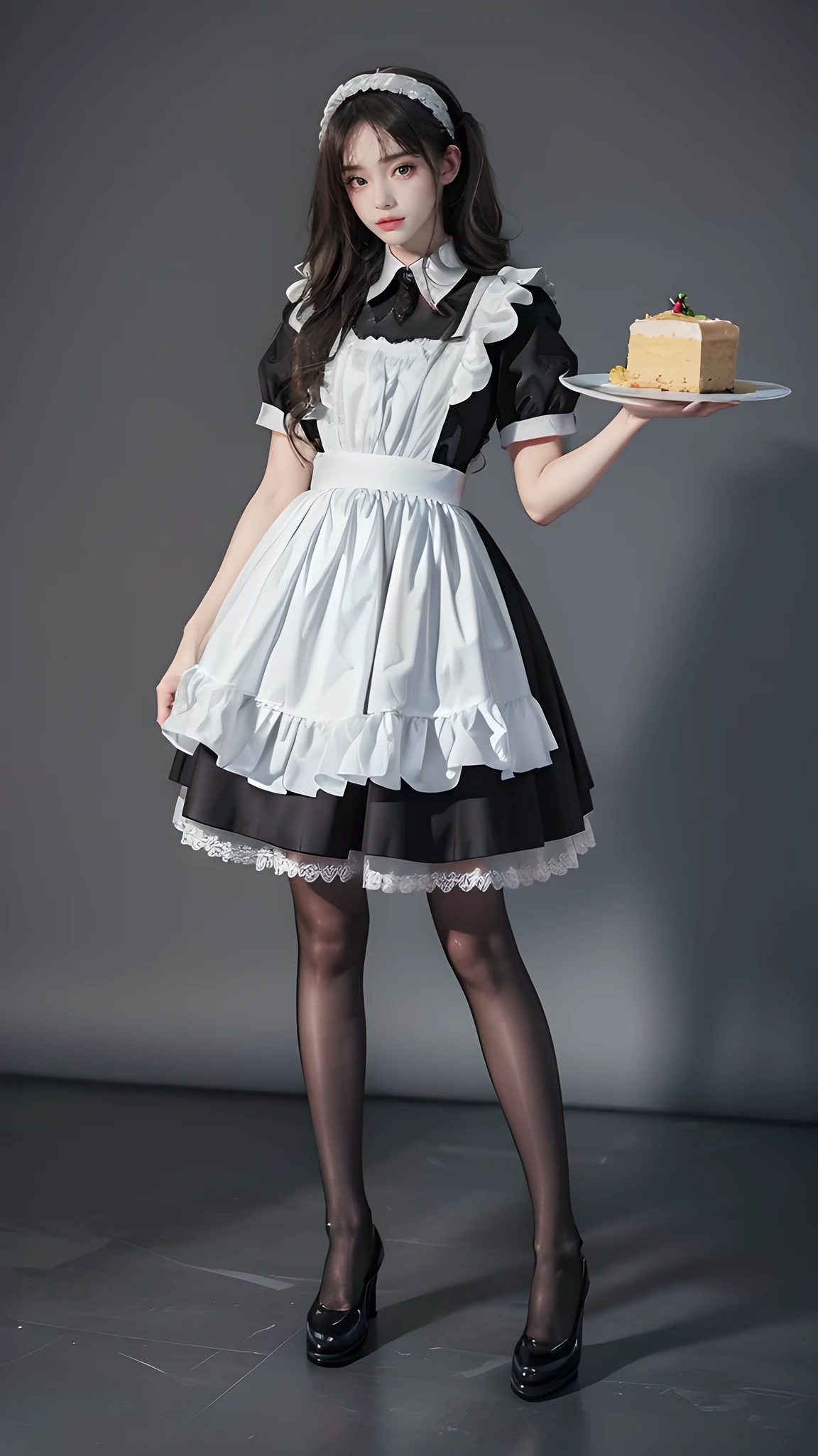 (8k,best quality, high resolution, 超high resolution:1.1), (masterpiece, actual, photo-actual:1.1),portrait style,A girl in a maid costume,black stockings,High heel,((whole body)), permanent, holding a tray in one hand,Detail surface,Reasonable structure,beautiful脸蛋,beautiful,beautiful,focus blur,looking at camera,