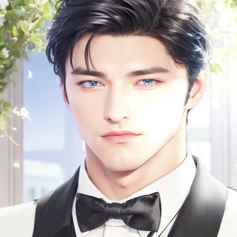 a close up of a man in a tuxedo with a bow tie, delicate androgynous prince, handsome man, handsome prince, handsome stunning realistic, black hair and blue eyes, jawline