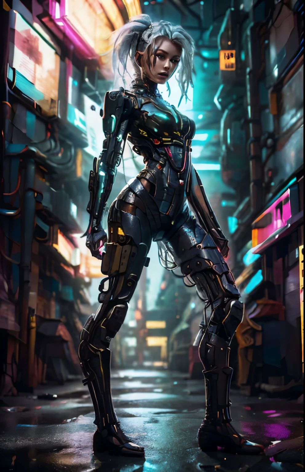 uma belissima mulher ciborgue cyberpunk, olhos azuis, calelo curto, corpo humano, mechanic legs, mechanical arms, em uma cidade furista, 8k  ultra detalhado e realista