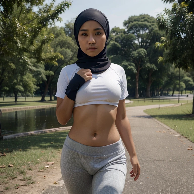 photograph of Malay hijab plump girl, smallest breast, wearing sport shirt, and tight boxer pants, jogging in morning, sweaty face and shirt, near lake, stock photography style, eyes looking at camera, intricate, photorealistic, 8k