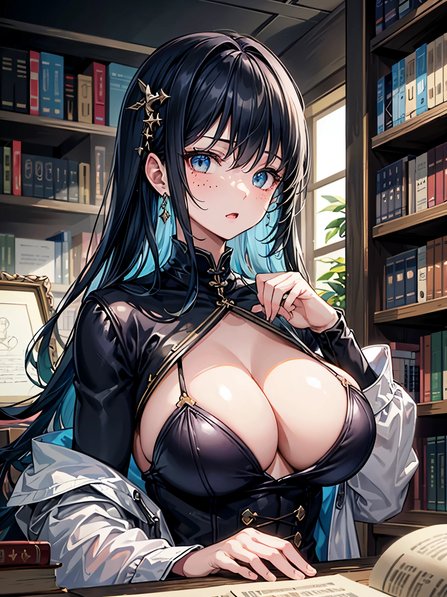 （（（masterpiece、Highest image quality、highest quality、highly detailed unity 8ｋwallpaper）））、（（Illustration of one girl、upper body））、（（（beautiful girl）））、（librarian）、（（blue hair、freckles））、（stocky build, thickset physique：1.3, broad shoulders, solid chest）、big breasts、librarian服、great medieval library