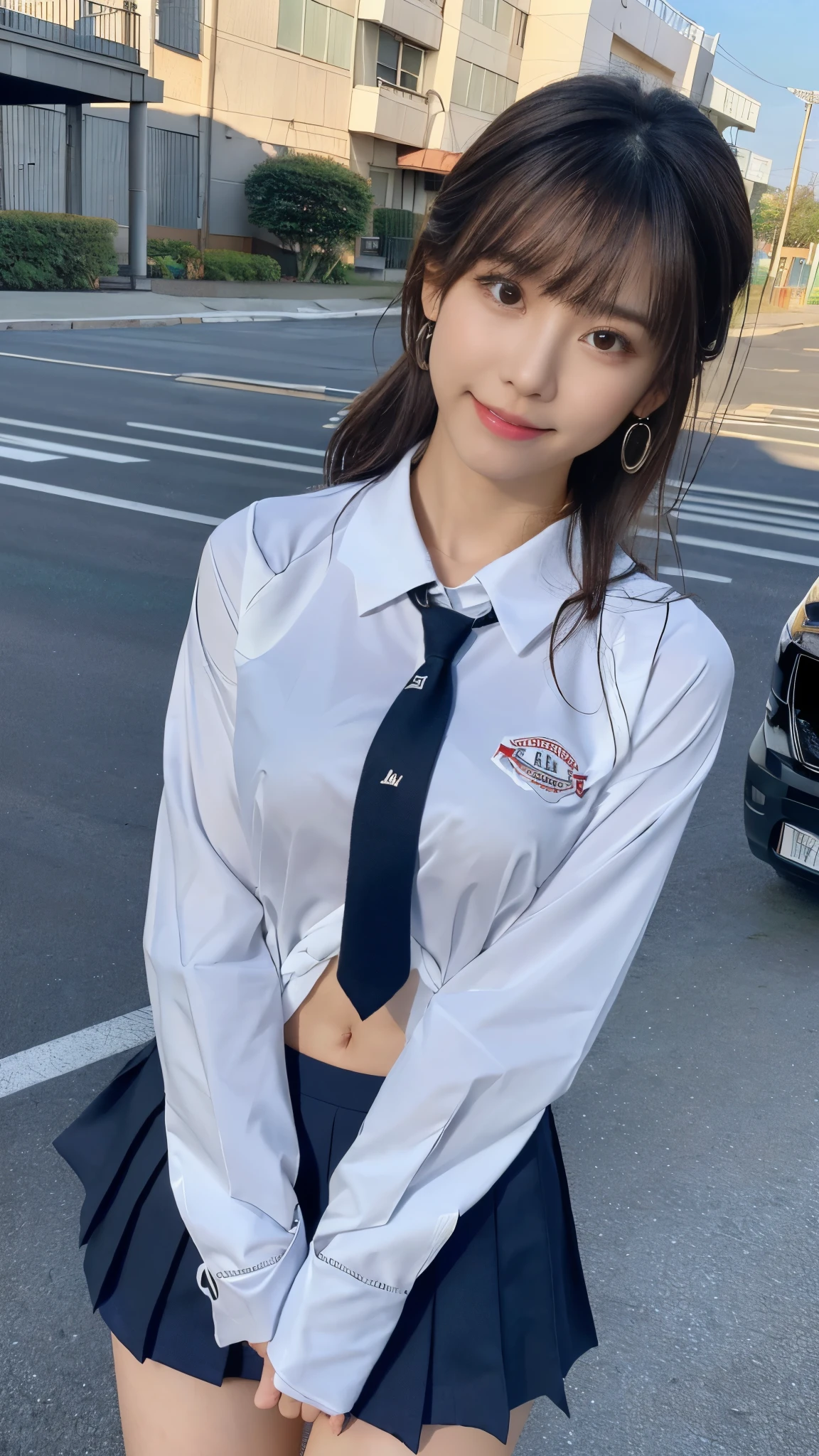 mix 4, (16k, RAW photo, best image quality, masterpiece: 1.45), (realistic, Photoreal: 1.37), one girl, cute, cityscape,, professional lighting, photon mapping, school classroom, Physically based rendering, dark brown hair,ponytail hairstyle, Beautiful well-groomed eyes、((double eyelid))、super cute girl, (((、blazer、Long-sleeved shirts worn by Japanese high school girls、ribbon tie、Navy blue super super mini skirt,、dark blue socks、black loafers))), highest quality photos, High resolution, 1080P, (clean face), (Detailed facial description), (Detailed explanation of hands), (masterpiece), (Detailed CG)、extreme light and shadow、messy hair、master work、Rich details、(detailed facial features)、(highest quality photos)、(Masseter muscle part)、(fine eyes)、look in front of you、thin clavicle、((slender and large))、(((Japanese high school girls wear long-sleeved shirts)))、((neat idol))、((school gate、schoolyard、School building in the background))、(Take photos from random viewpoints)、(((anyway that's cute)))、earrings、big smile、Draw the whole body from the knees、Don't draw thin lines、(((Sports bags used by Japan schoolgirls)))、(small breasts:1.2)、small buttocks with tension、Two arms and two legs、(((from the front:0.7)))、bare hands、(((symmetrical eyes)))、standing pose、put one's hand on the desk、Do not remove the tie from the jacket、Skirt length is quite short,