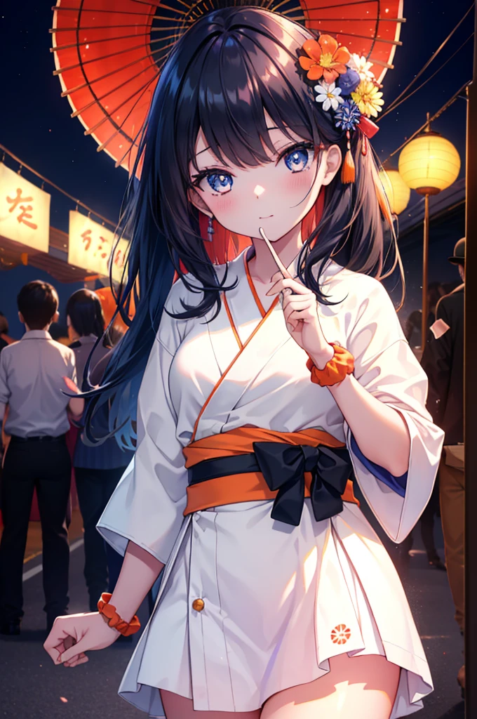 Rikata body, Rikka Takarada, black hair, blue eyes, long hair, orange Scrunchie, Scrunchie, wrist Scrunchie,tying back hair,flower hair ornament,A girl in a white yukata enjoying cotton candy at a festival,blush,smile,long skirt,japanese festival,Summer Festival Stalls,Red lantern,night,shrine,花火
break looking at viewer, (cowboy shot:1.5),
break (masterpiece:1.2), highest quality, High resolution, unity 8k wallpaper, (figure:0.8), (beautiful and fine eyes:1.6), highly detailed face, perfect lighting, Very detailed CG, (perfect hands, perfect anatomy),