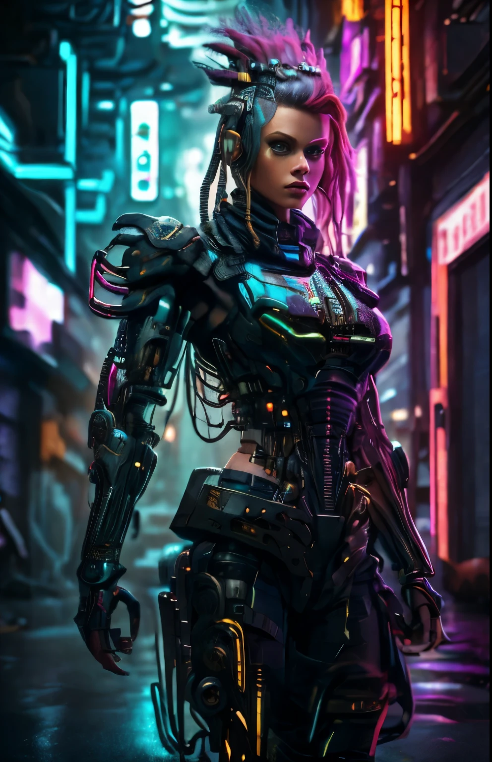 uma belissima mulher ciborgue guerreira ninja cyberpunk, olhos azuis, calelo curto, corpo humano, mechanic legs, mechanical arms, em uma cidade furista, 8k  ultra detalhado e realista