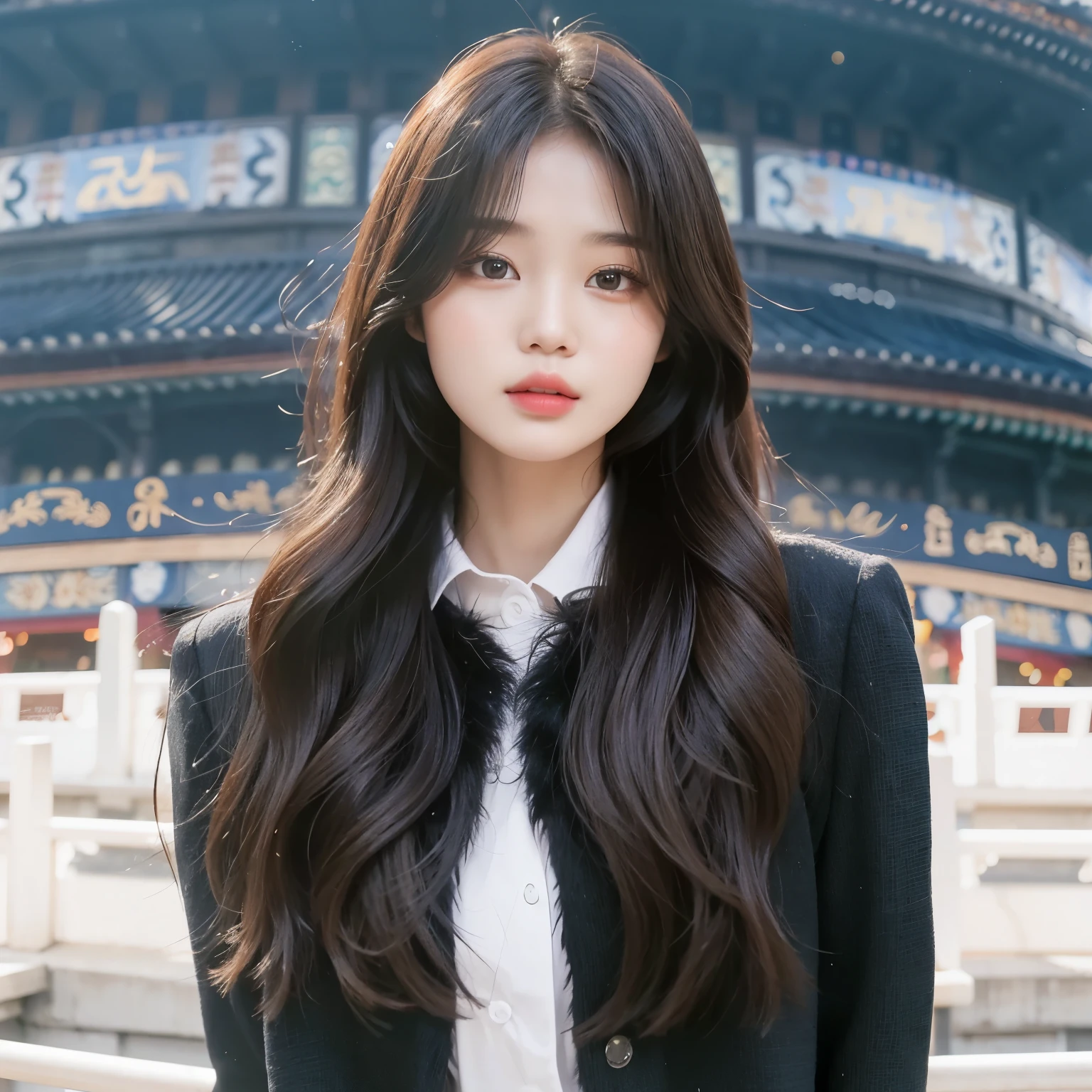 There is a woman standing in front of a building, Bae Xiuzhi,Li Zhien, Li Zhien, Portrait of Korean female idol,long black curly hair，Girl with long hair parted in the middle，