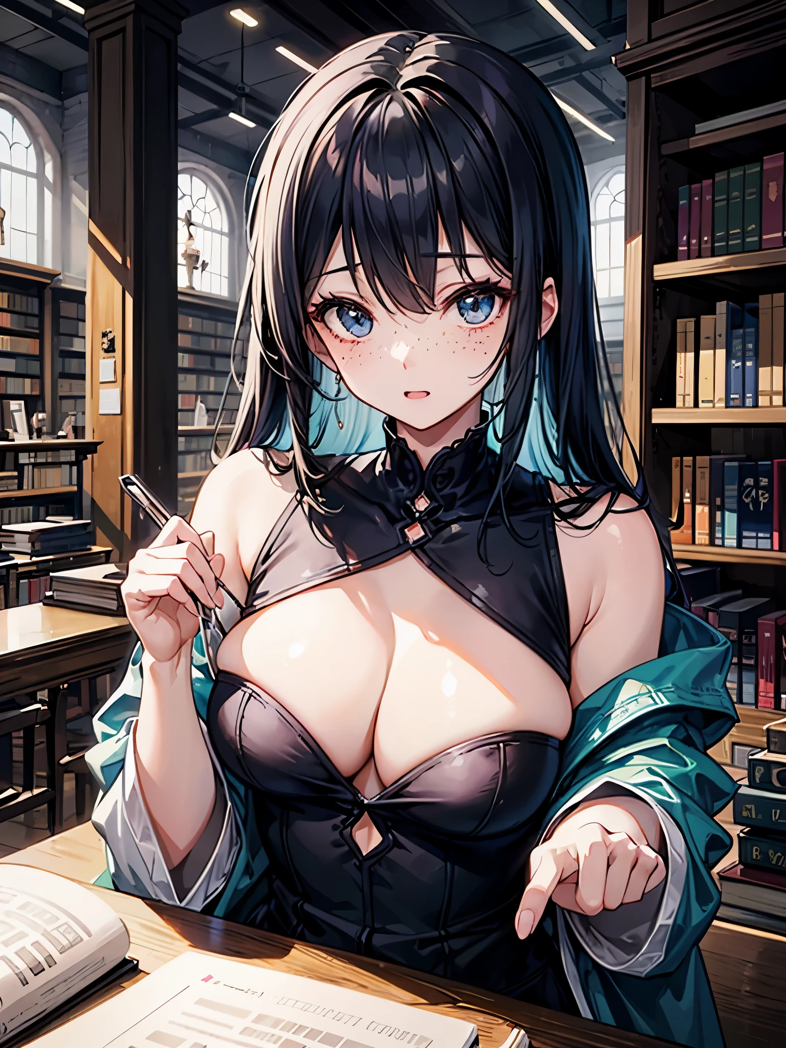 (((masterpiece、Highest image quality、highest quality、highly detailed unity 8kwallpaper)))、((Illustration of one girl、upper body))、(((beautiful girl)))、(librarian)、((blue hair、freckles))、(stocky build, thickset physique:1.3, broad shoulders, solid chest)、big breasts、librarian服、great medieval library