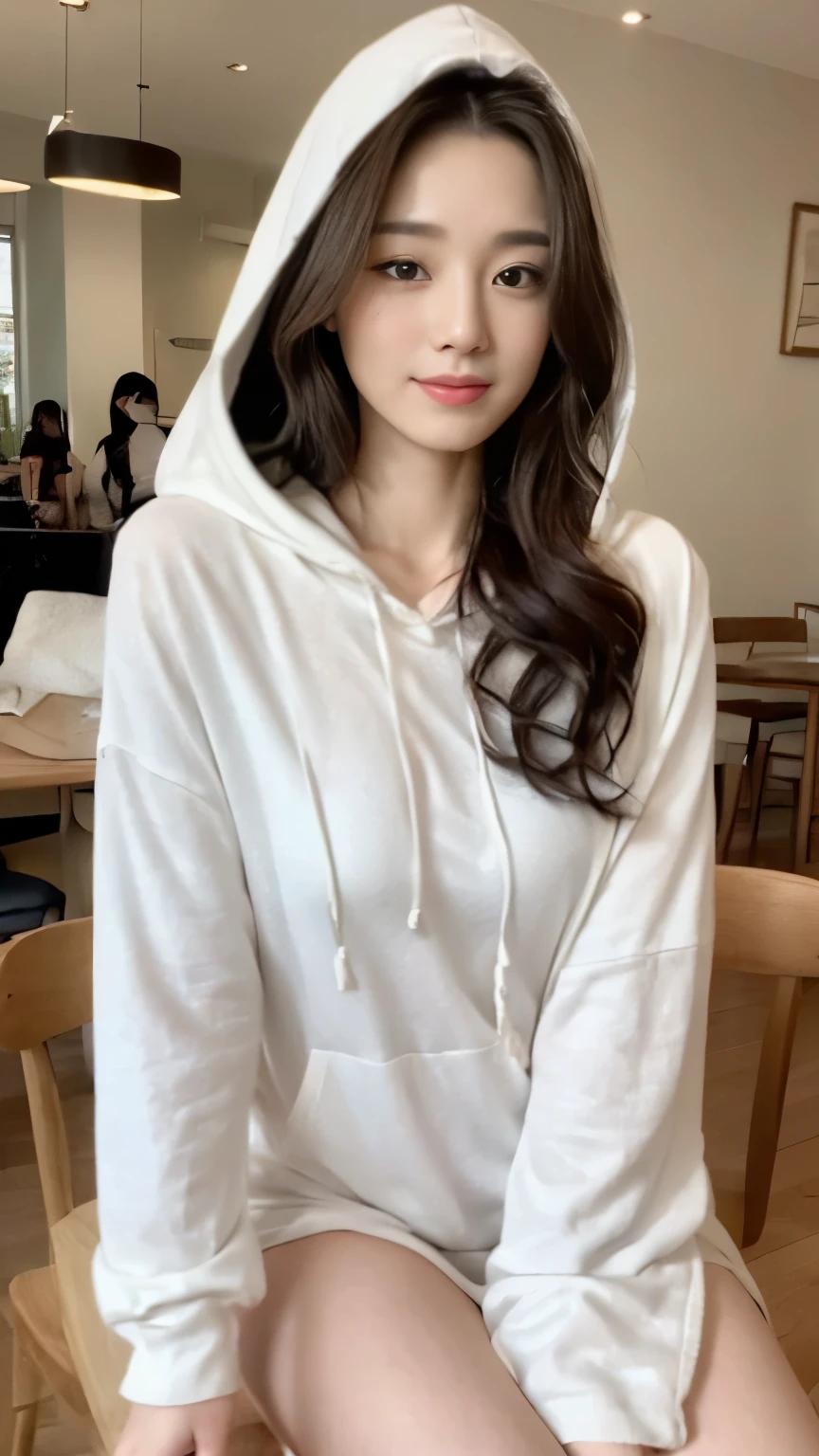 ((top-quality、8k、masterpiece:1.3))、Beautiful woman with perfect body:1.4、slim abdomen:1.2、Longhair, normal breast, Highly detailed facial and skin texture, A detailed eye, (smile), (full body shot), ((cafe)), (sitting on the chair), (((wearing white hooded)), looking in front