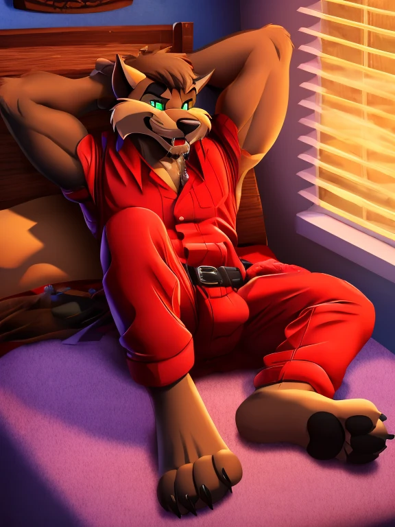 Barefoot Jason Clawson, Razor from SWAT Kats, is lying on a bed with his arms and legs spread, wearing red pajamas, handcuffed to the bed by his wrists and ankles, detailed nice big dog feet paws with claws, in a trance, a expression of weak resistance to hypnosis on his face, drooling, green glow in his eyes. high resolution, anatomically correct, 3d