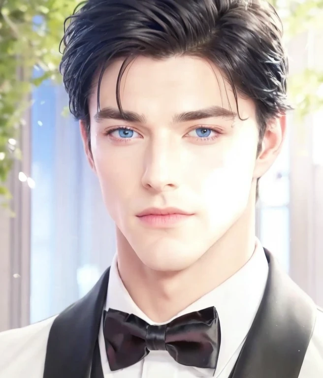 a close up of a man in a tuxedo with a bow tie, delicate androgynous prince, handsome man, handsome prince, handsome stunning realistic, black hair and blue eyes, jawline, make the face a bit long, make it like real man