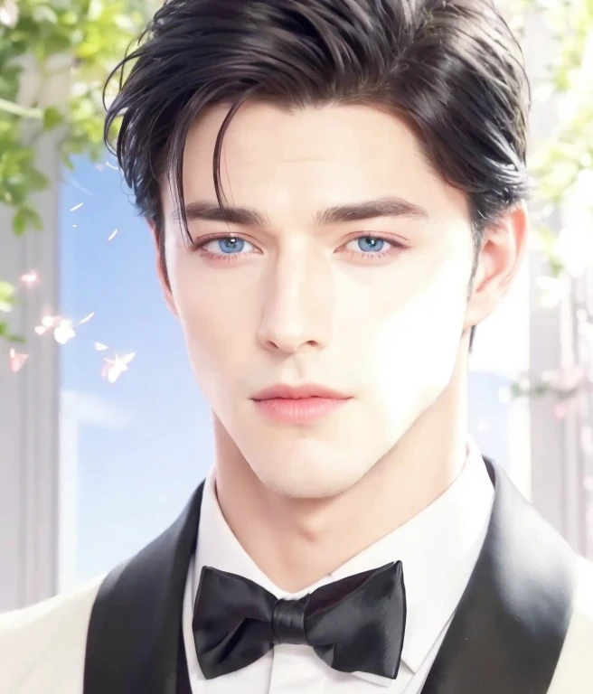 a close up of a man in a tuxedo with a bow tie, delicate androgynous prince, handsome man, handsome prince, handsome stunning realistic, black hair and blue eyes, jawline, make the face a bit long, make it like real man