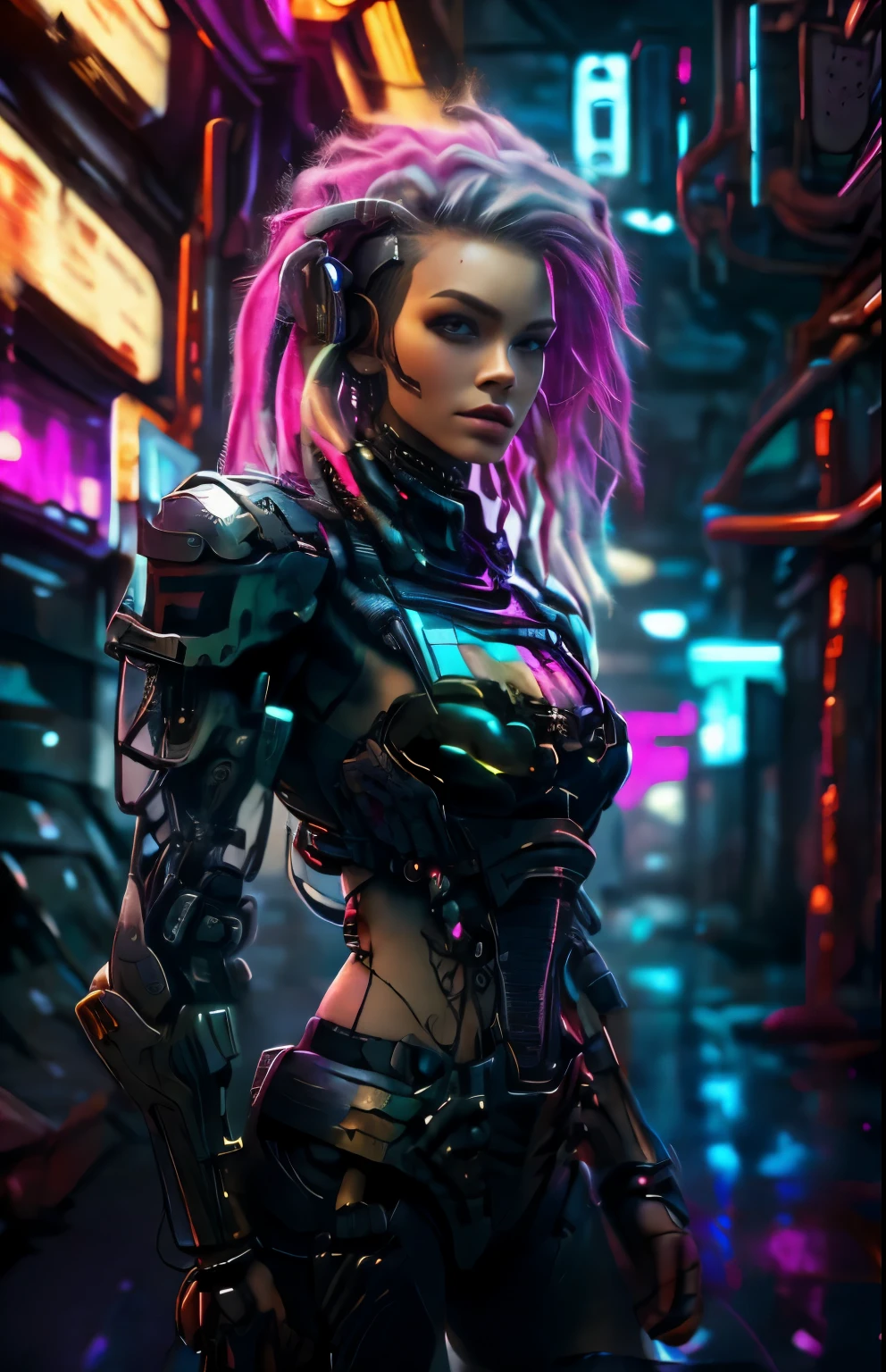 uma belissima mulher ciborgue guerreira ninja cyberpunk, olhos azuis, calelo curto, corpo humano, mechanic legs, mechanical arms, em uma cidade furista, 8k ultra detalhado e realista