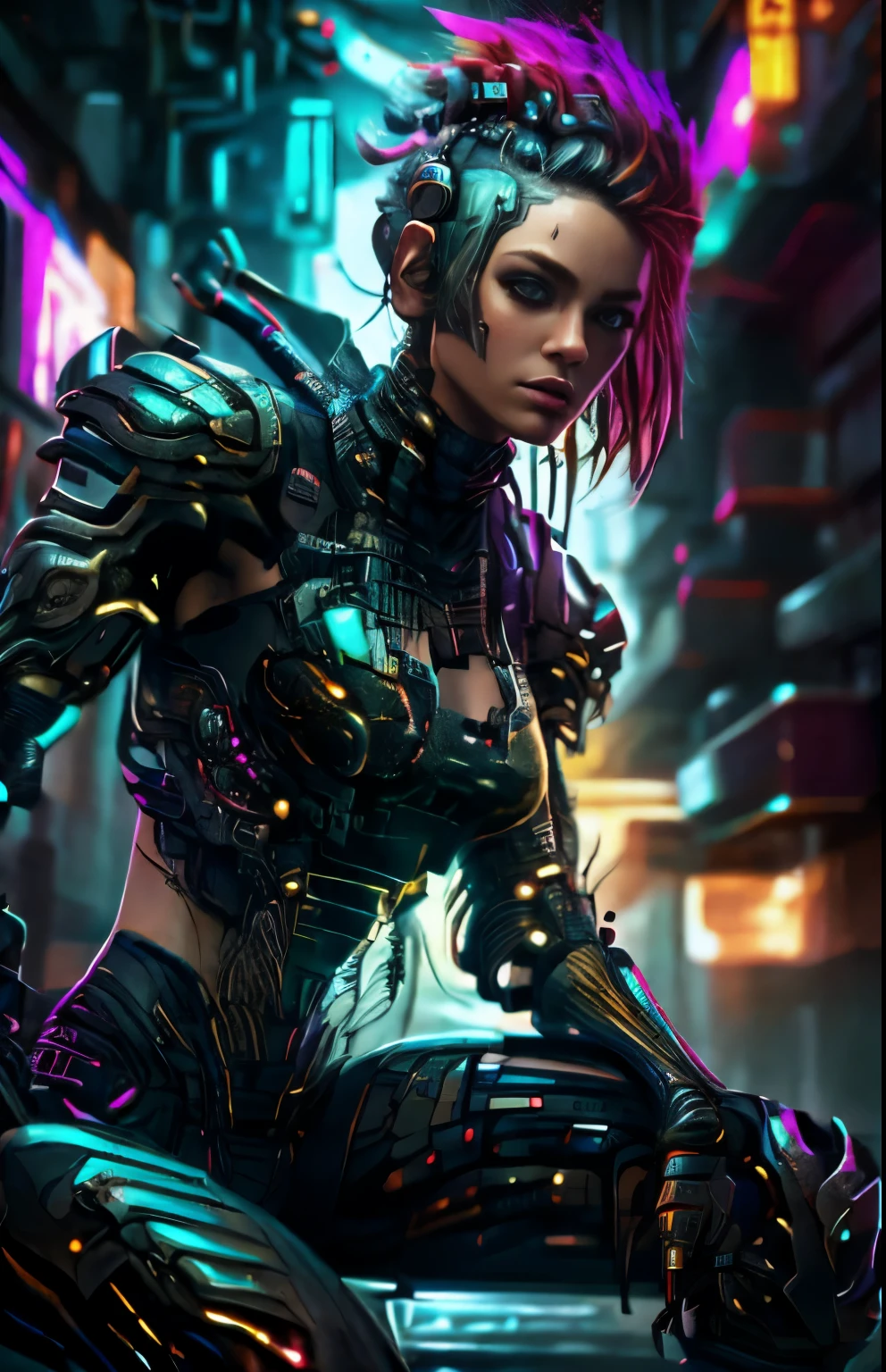uma belissima mulher ciborgue guerreira ninja cyberpunk, olhos azuis, calelo curto, corpo humano, mechanic legs, mechanical arms, em uma cidade furista, 8k ultra detalhado e realista