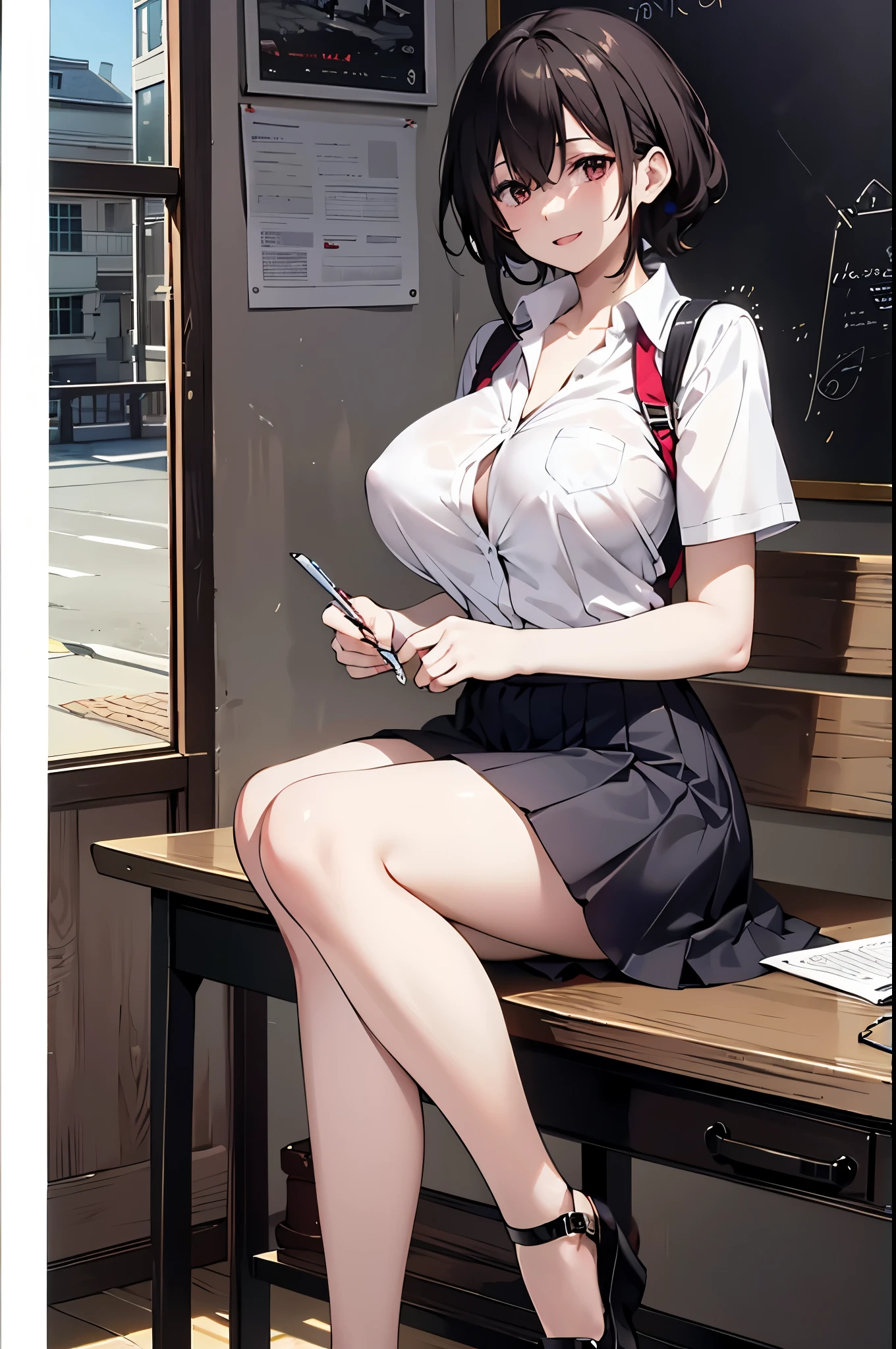 a woman sitting in an illustration, cross-legged, wearing a and a short skirt, short skirt, huge breast, (story)girl in , (sitting), (vibrant) background, (beautiful) school campus, (aesthetic), (academically-inspired) atmosphere, (happy) smile, (focused) pose, (attractive) figure, (lively) energy, (studious) expression, (academic) vibes, (dynamic) composition, (vivid) colors, (well-lit) lighting, (high resolution), (realistic), (artistic) details, (high quality) rendering, (impressive) attention to detail, (stunning) artwork.