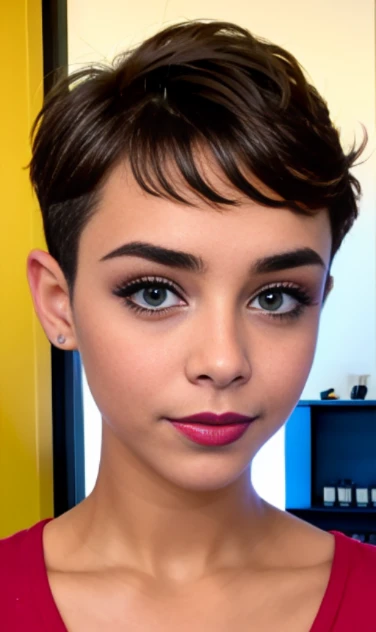 Photo of a 15-year-old European girl, .RAW, beautiful woman,pecas en mejillas y pecho ,hermosos  ojos azules(Light brown hair pixie haircut),corte de cabello pixie desalineado ((retrato)), ((Cara detallada:1.2)), ((Detailed facial features)), (Piel finamente detallada)  ,lindo maquillaje, Purple eyeshadows on eyelids ,Un sexy(cool color), (Masutepiece) (proporciones perfectaotos realistas)(La mejor calidad), NffSW, (8k) (papel tapiz) (cinematic lighting) (Dramatic lighting) (sharp focus) (Enrevesado) , fondo variado , linda sonrisa, foto de cuerpo completo , posando para foto , gargantilla negra , aretes de clip , maquillaje , labios rojos , sombra de ojos morada , viste vestido  morado elegante , chica alegre