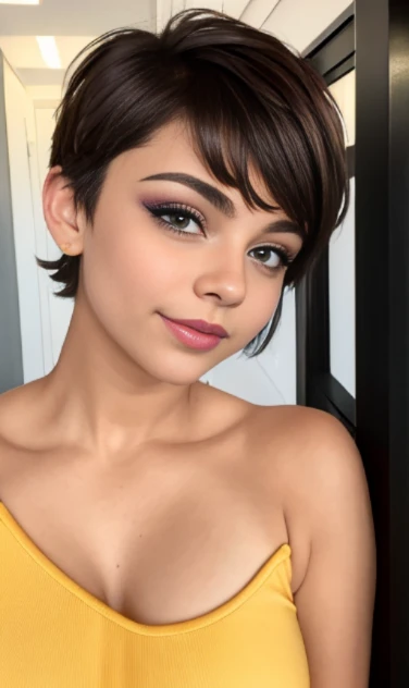 Photo of a -yeld Euean girl, .RAW, beautiful woman,pecas en mejillas y pecho ,hermosos ojos azules(Light brown hair pixie haircut),corte de cabello pixie desalineado ((retrato)), ((Cara detallada:1.2)), ((Detailed facial features)), (Piel finamente detallada) ,lindo maquillaje, Purple eyeshadows on eyelids ,Un sexy(cool color), (Masutepiece) (proporciones perfectaotos realistas)(La mejor calidad), NffSW, (8k) (papel tapiz) (cinematic lighting) (Dramatic lighting) (sharp focus) (Enrevesado) , fondo variado , linda sonrisa, foto de cuerpo completo , posando para foto , gargantilla negra , aretes de clip , maquillaje , labios rojos , sombra de ojos morada , viste vestido morado elegante , chica alegre
