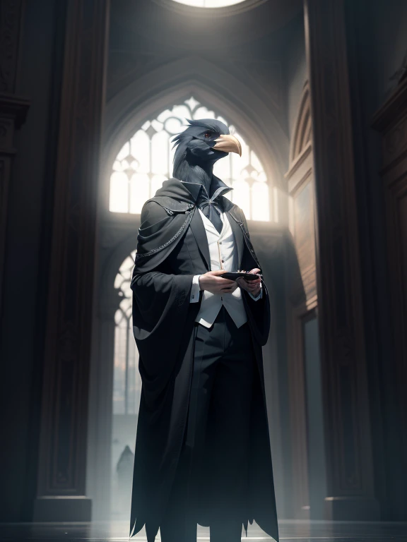 "Serious and simple male Dr. Kenku，Conservative dressing style，thin figure，adult，Has smooth black feathers，The head of a crow，The hands are black bird claws，with black eyes，Wearing a black robe with a waistband，Wearing white leggings pants，Wearing black-rimmed glasses. Epic D&3D ambience meets stunning 4k resolution in stunning backgrounds."