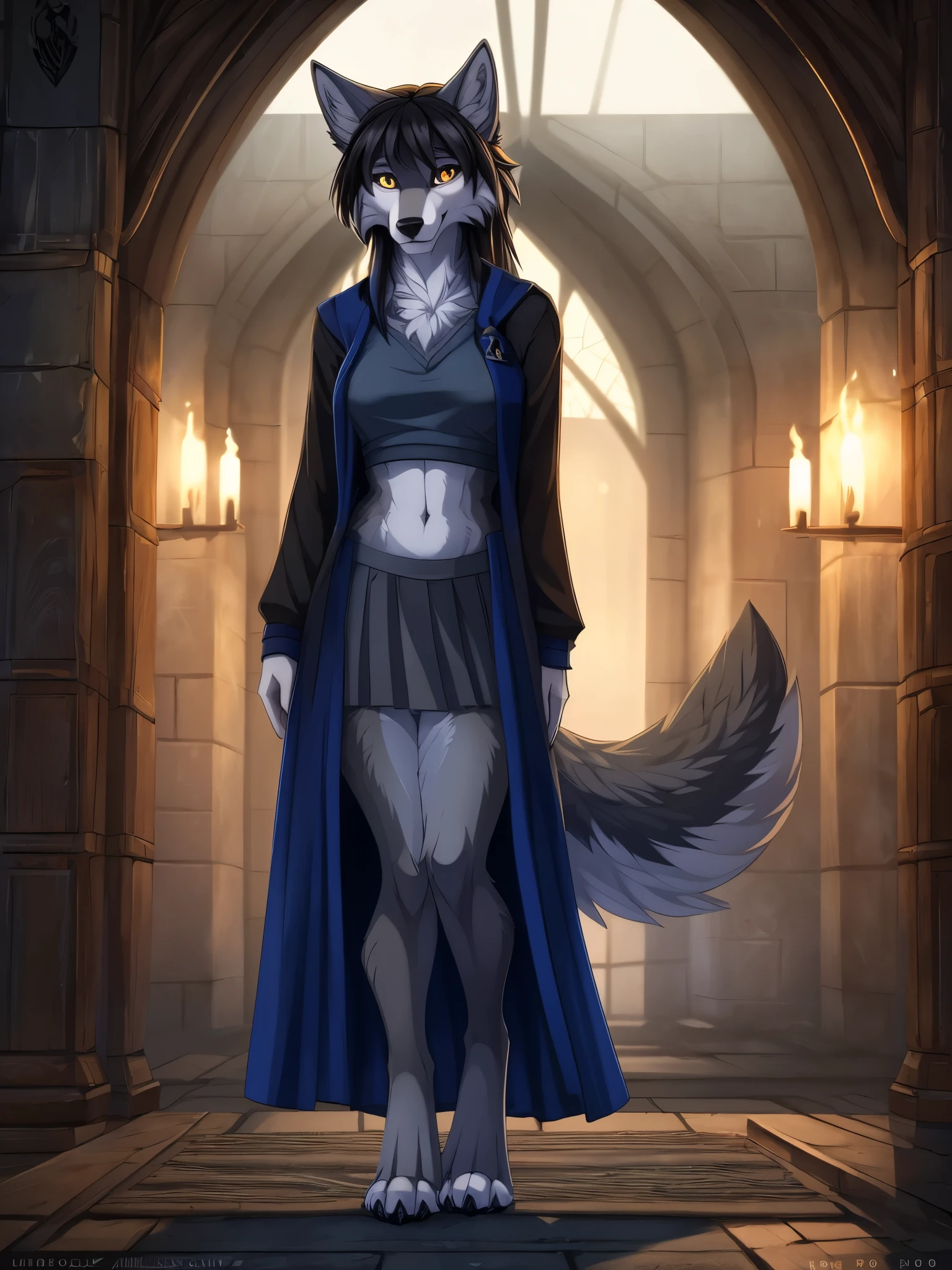 (by Hioshiru), (wolf:1.4), ((anthro)), 8k, 4k, 2k, detailed, intricate, (female), ((solo)), (solo female) (masterpiece), best quality, (detailed eyes:1.4), NSFW, (hogsks), (photo-realistic), hogwarts, harry potter, (((ravenclaw))), uploaded on e621, digitigrade, girl, castle, light belly fur, (grey fur)), gold eyes, dark hair, (fluffy tail), skinny, slim build, long legs, canine paws, smiling, long ears, long snout, madhouse-Animestyle, Scottish highlands, ((knees together)), dark library, night lighting, full body portrait, black robe with blue trim, pleated skirt, grey sweater, striped panties