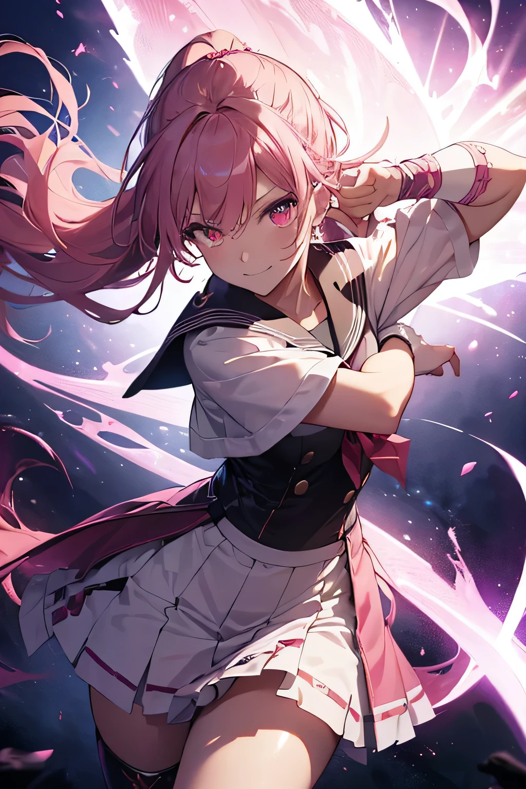 （tmasterpiece，best qualtiy：1.3），extremly high detail，complex，8k，独奏，Clear eyes，The expression is sad，the wallpaper，cinmatic lighting，hoody， Short pleated skirt， the street， exteriors，heavy rain， neonlight