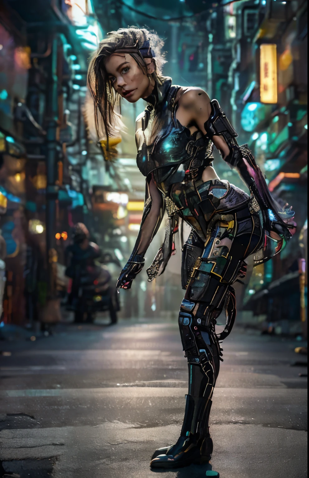 uma belissima mulher ciborgue guerreira ninja cyberpunk, olhos azuis, calelo curto, corpo humano, mechanic legs, mechanical arms, em uma cidade furista, 8k  ultra detalhado e realista