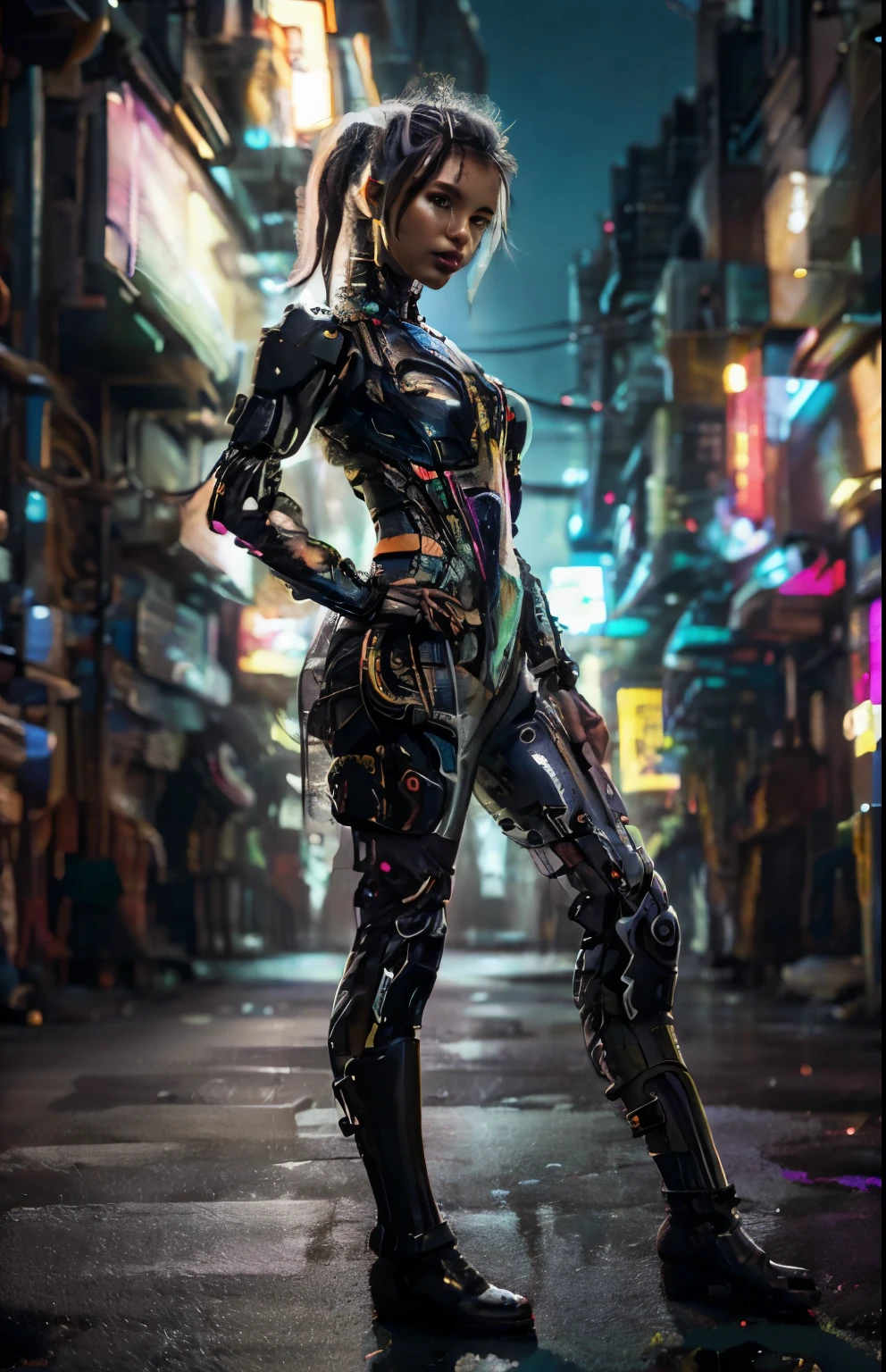 uma belissima mulher ciborgue guerreira ninja cyberpunk, olhos azuis, calelo curto, corpo humano, mechanic legs, mechanical arms, em uma cidade furista, 8k ultra detalhado e realista