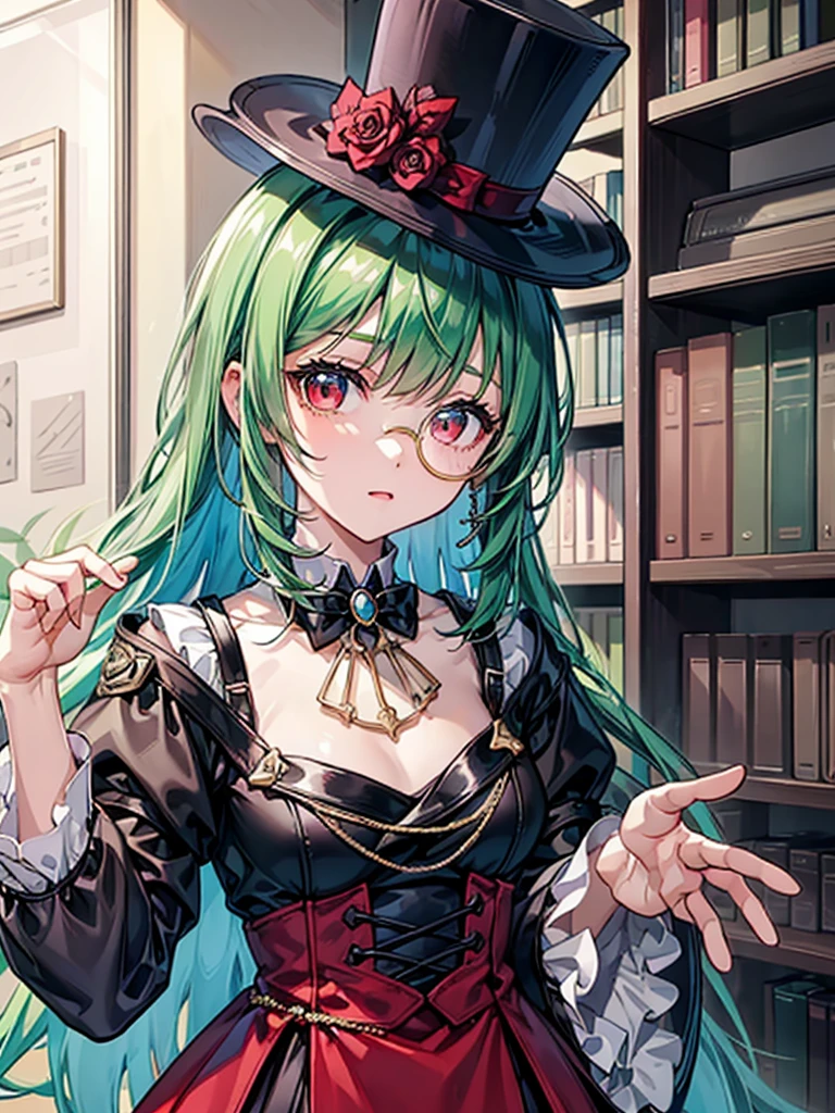 (((masterpiece、Highest image quality、highest quality、highly detailed unity 8kwallpaper)))、((Illustration of one girl、upper body))、(((beautiful girl)))、(librarian)、(Emerald green hair、sidelocks:1.2、red eyes、crazy smile:1.3)、(((flat chest)))、(monocle)、pocket watch、(((Black top hat、Black tuxedo)))、great medieval library