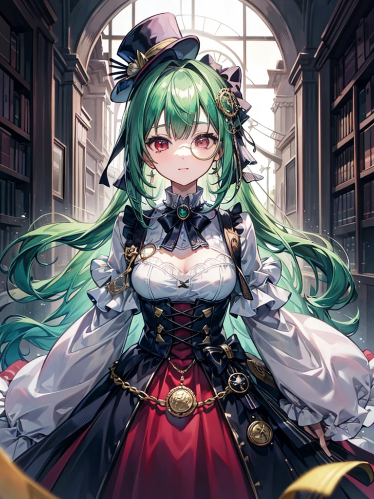 (((masterpiece、Highest image quality、highest quality、highly detailed unity 8kwallpaper)))、((Illustration of one girl、upper body))、(((beautiful girl)))、(librarian)、(Emerald green hair、sidelocks:1.2、red eyes、crazy smile:1.3)、(((flat chest)))、(monocle)、pocket watch、(((Black top hat、Black tuxedo)))、great medieval library