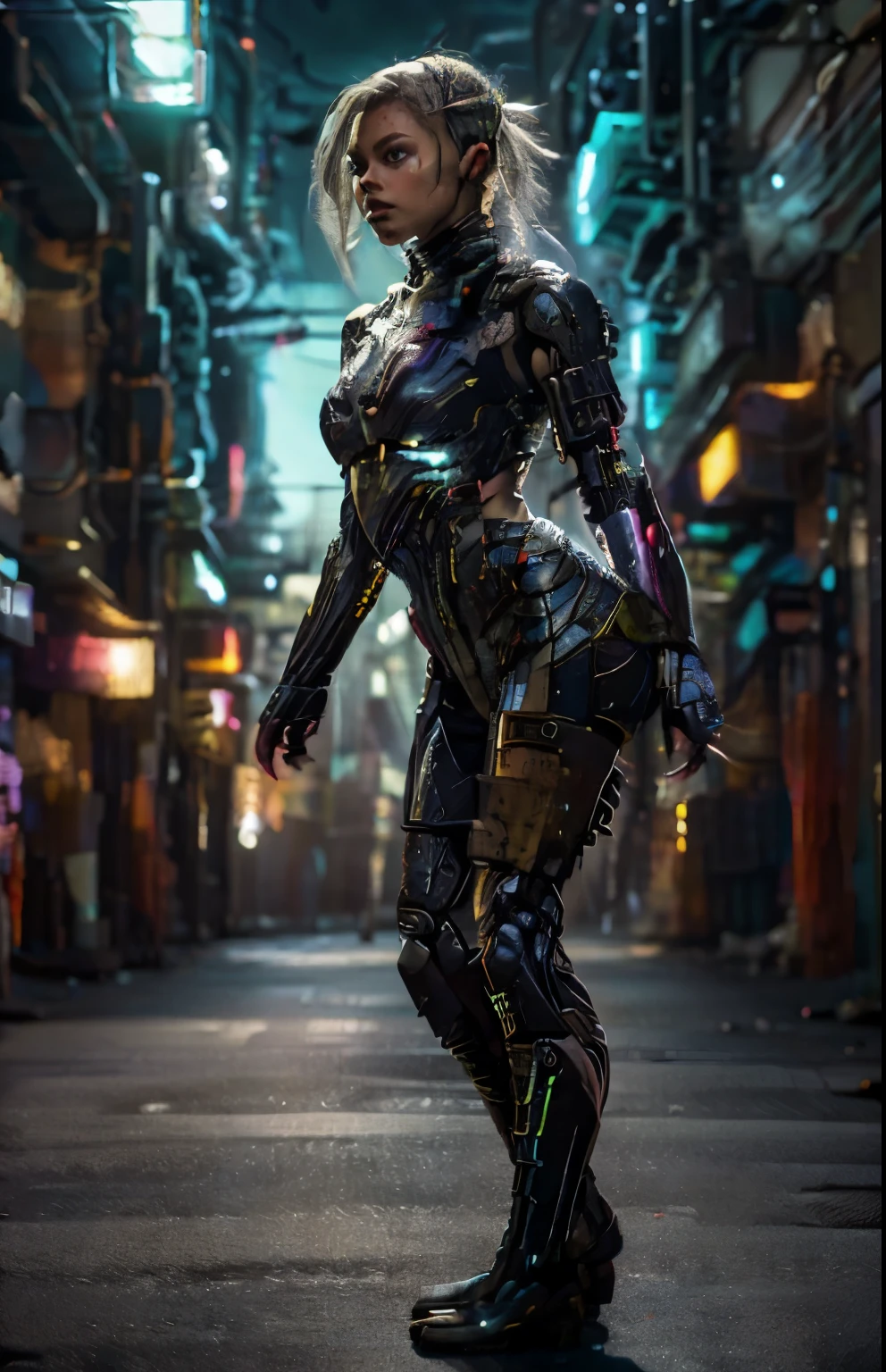 uma belissima mulher ciborgue guerreira ninja cyberpunk, olhos azuis, calelo curto, corpo humano, mechanic legs, mechanical arms, em uma cidade furista, 8k  ultra detalhado e realista