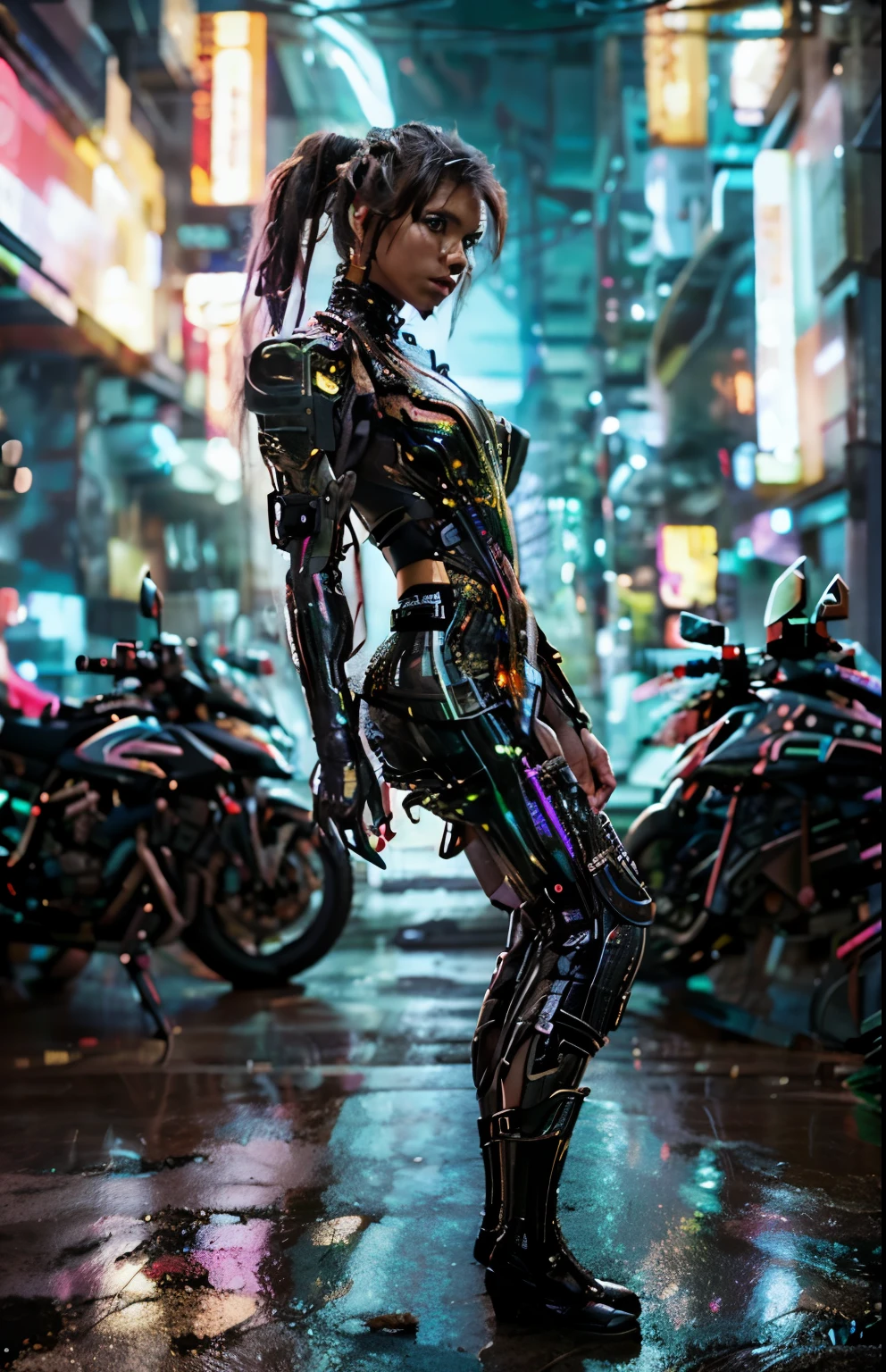 uma belissima mulher ciborgue guerreira ninja cyberpunk, olhos azuis, calelo curto, corpo humano, mechanic legs, mechanical arms, em uma cidade furista, 8k ultra detalhado e realista