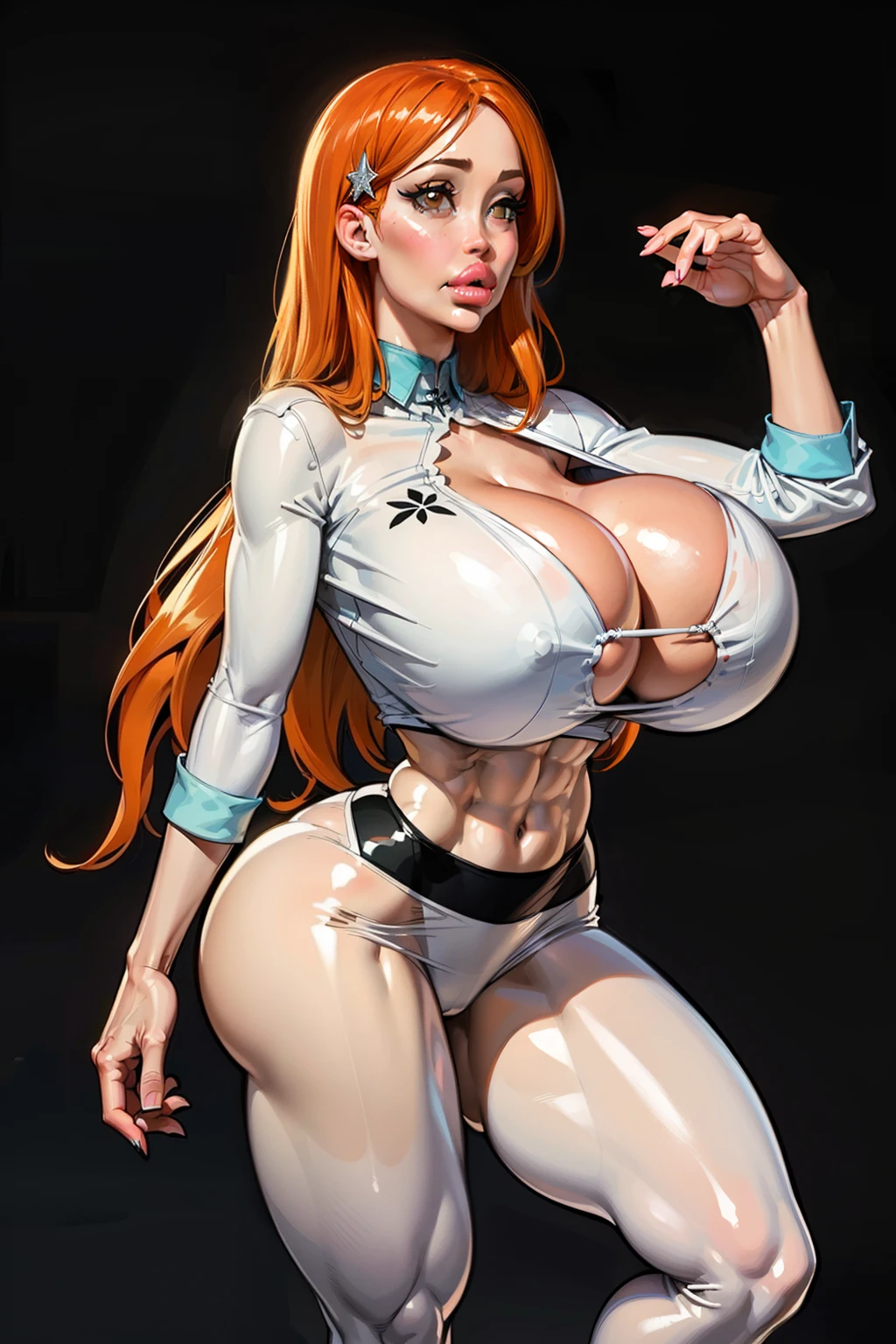 (navel cutout), navel exposed, Generate an illustration of a mature Orihime, hueco mundo outfit, orange hair, holding her own breasts , ((aletta ocean face)), de terno preto, (natural lipstick:1.3), long hair, hair flows straight down, hair pins on both sides, (gigantic breasts:1.4), white outfit in anime format with a serious style, (intricate black lines on outfit), white tights, black boots, gothic make up, masterpiece, ((dark lighting)), black background, (((puffy lips))),((slendered abs)), beautiful face,