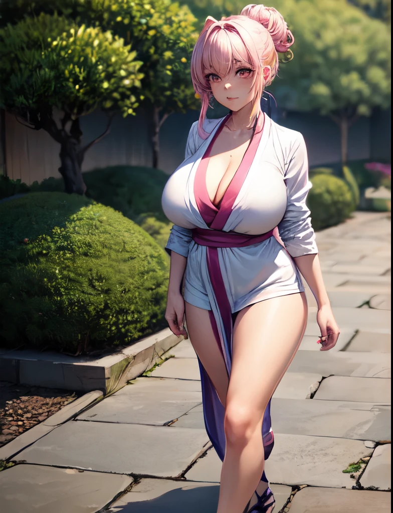 4k, full body ,Lens flare, pink hair ,mascara, eyeliner, god rays, 4k, 8k, best quality, masterpiece, hyper detailed, intricate detail, 1girl, solo, detailed, Detailed fuchsia hair ++, detailed pink eyes ++, raytracing, perfect shadow, highres, enhanced eyes, huge breasts, seductive, hyper detailed, he anime girl experiences a meditative journey within a Japanese zen garden spa. She practices mindfulness as she walks along stone paths, enjoys guided meditation sessions in serene garden alcoves, and receives treatments like shiatsu massage that align with the spa's calming environment.The anime girl's hair is elegantly swept up into a low bun or chignon. A few strands are left loose to frame her face softly. The hairstyle reflects the serene and calming atmosphere of a Japanese garden, evoking a sense of inner peace and mindfulness.